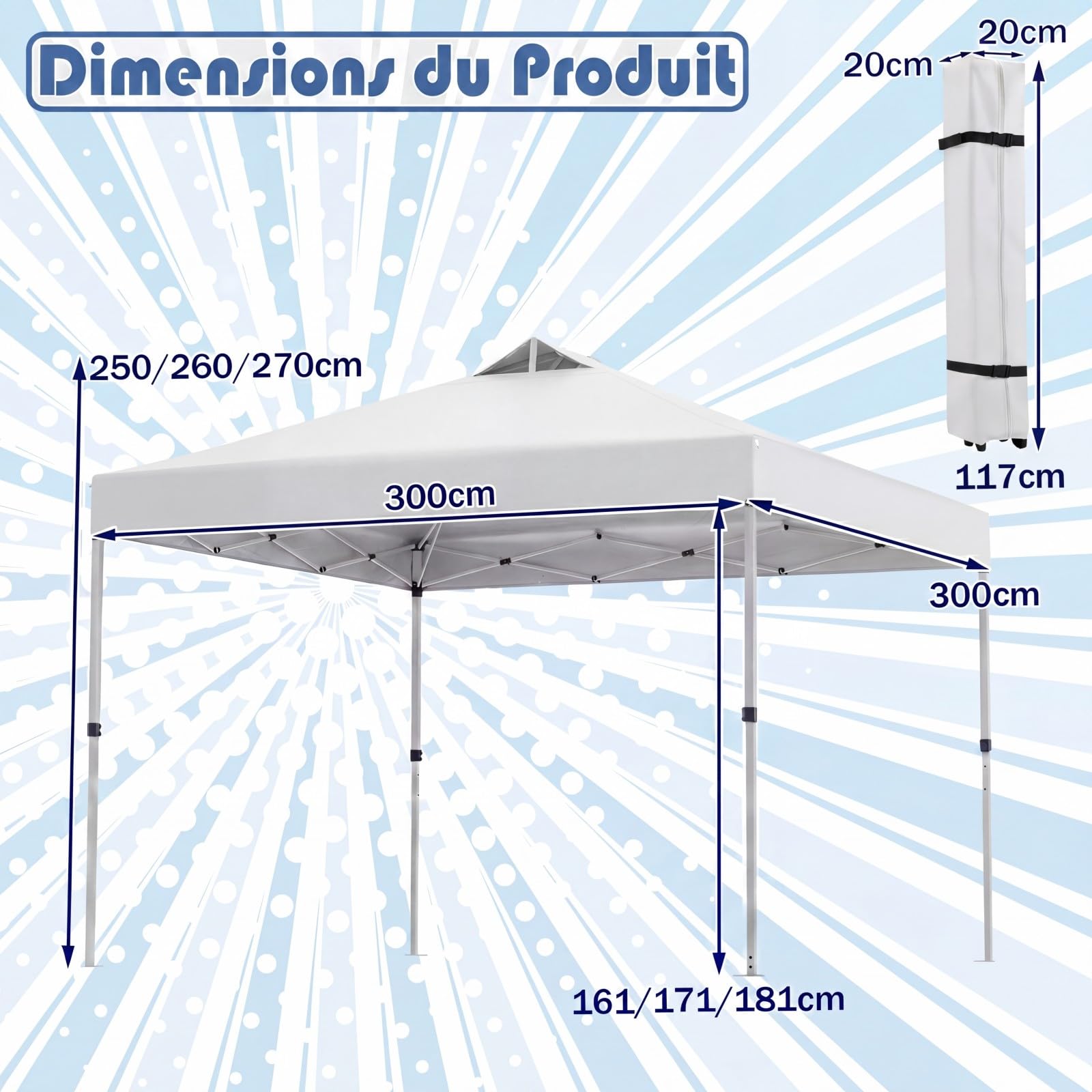 GOPLUS Tonnelle Pliante 3 x 3 M, Barnum Pliant 3x3 M Pop-up, Structure en Métal Robuste, Hauteur Réglable 250/260/270 CM pour Pique-Niques Mariage (Blanc,3x3M)