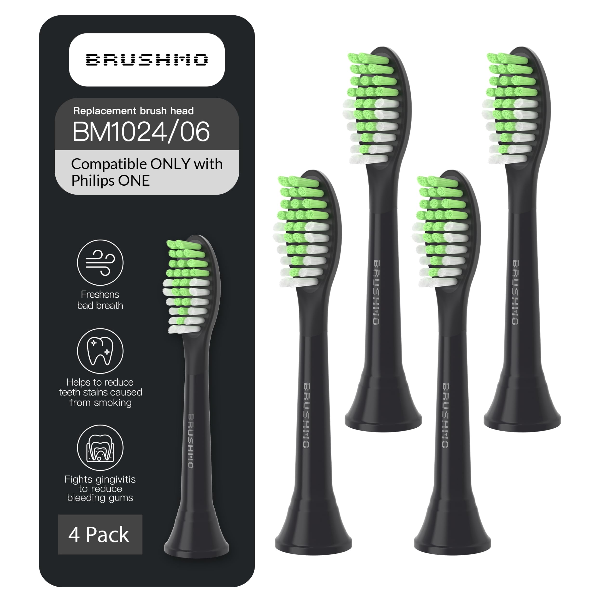 Brushmo Replacement Toothbrush Heads, Compatible with Philips One for Sonicare Electric Toothbrush Handles HY1022, 4 Standard Heads with Tongue Cleaner, Soft Dupont Bristles, BM124m, Shadow Black