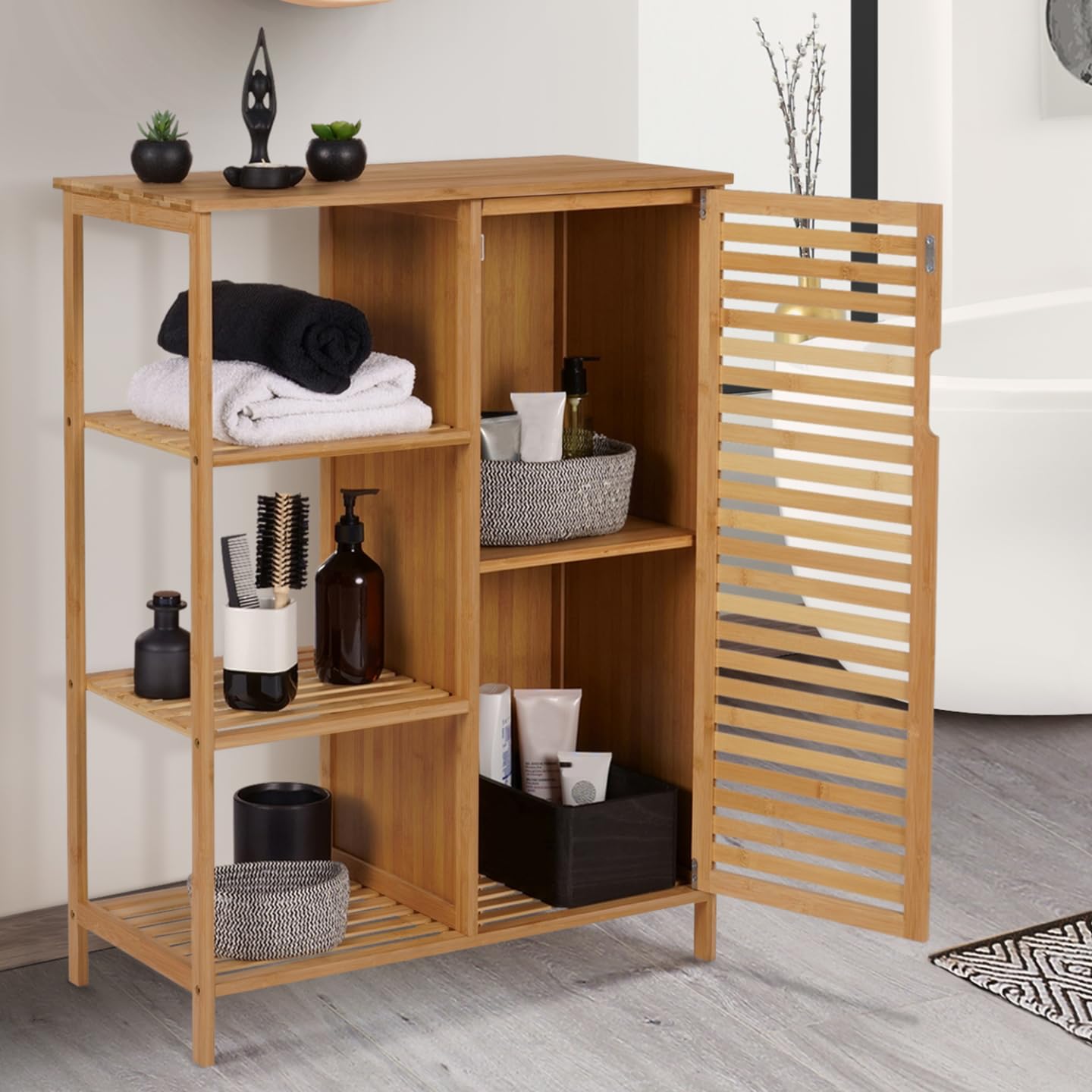 IDMarket - Meuble de Rangement Salle de Bain Bambou BEA 3 étagères avec Placard