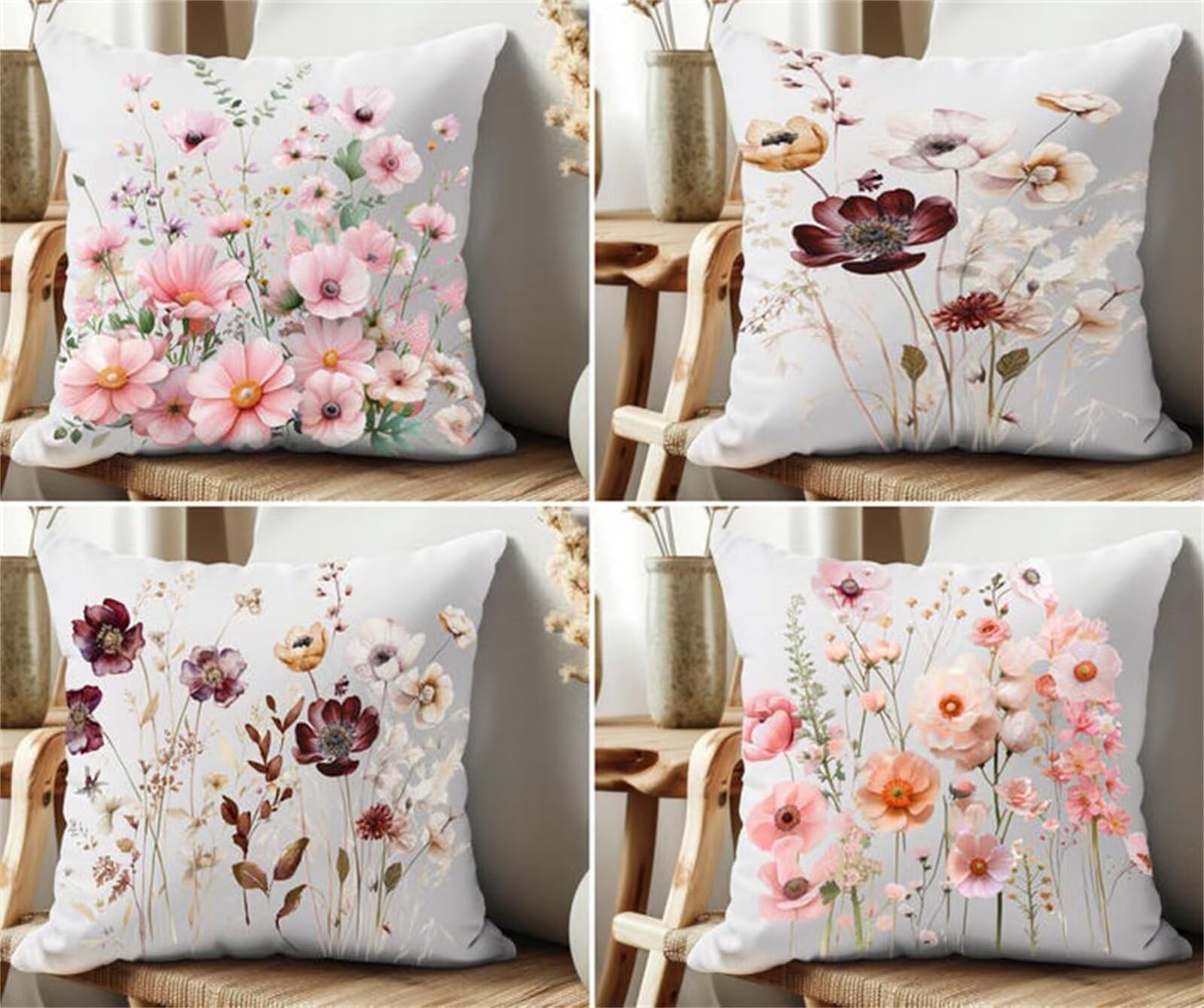 QiHon Cushion Covers 45x45 cm Set of 4 Pink Flowers Linen Square Pillow Cases 18x18 inch Modern Decorative Throw Pillow Covers for Sofa Couch Bedroom Home Office with Invisible Zipper