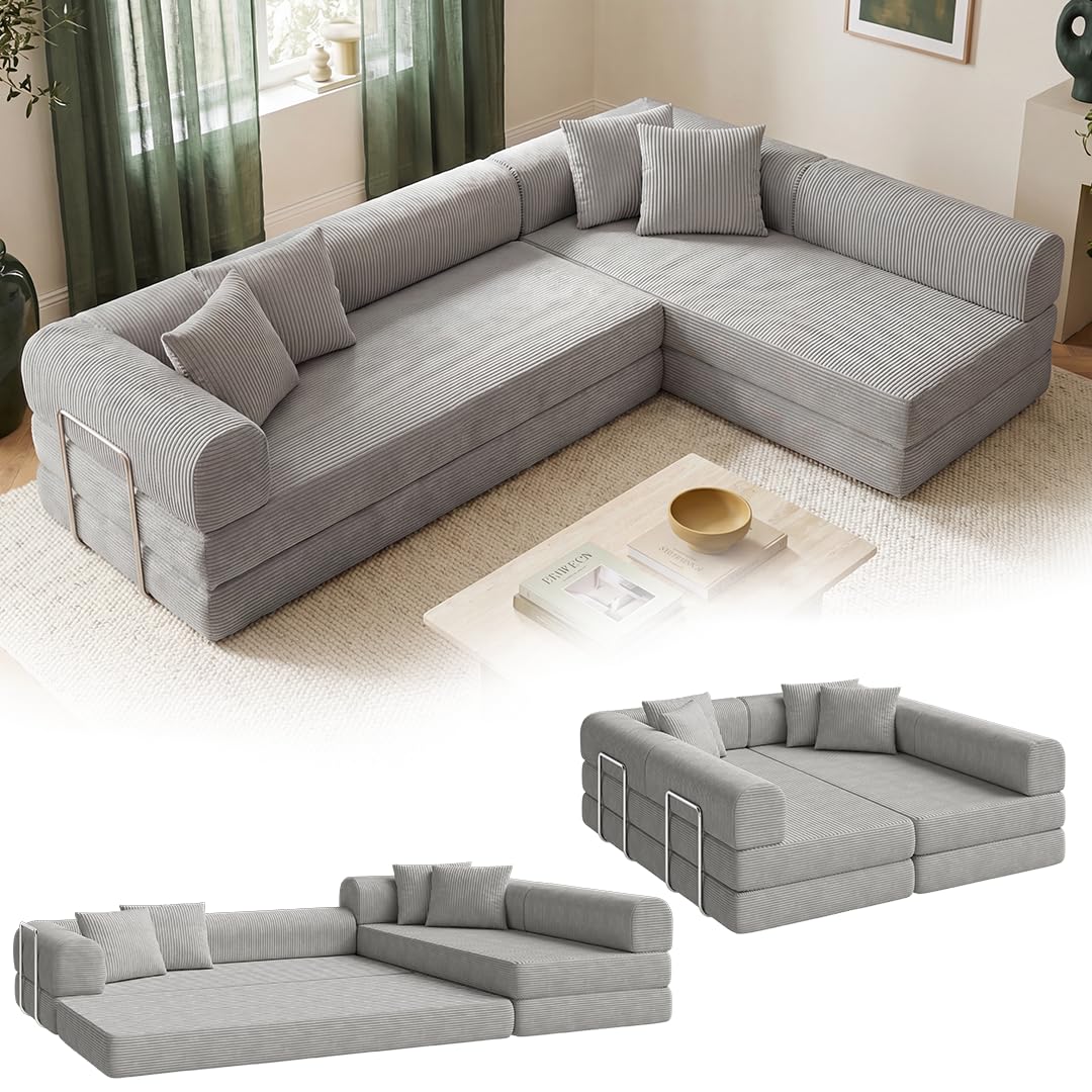 skølm Lofn Ecksofa 4 Sitzer – Wohnlandschaft L-Form Cord – Klappsofa 300cm breit Hellgrau – ausklappbar zum Schlafsofa/Bodensofa – Vollschaumcouch Boneless mit 4 Kissen & Stahlgestell vakuumverpackt