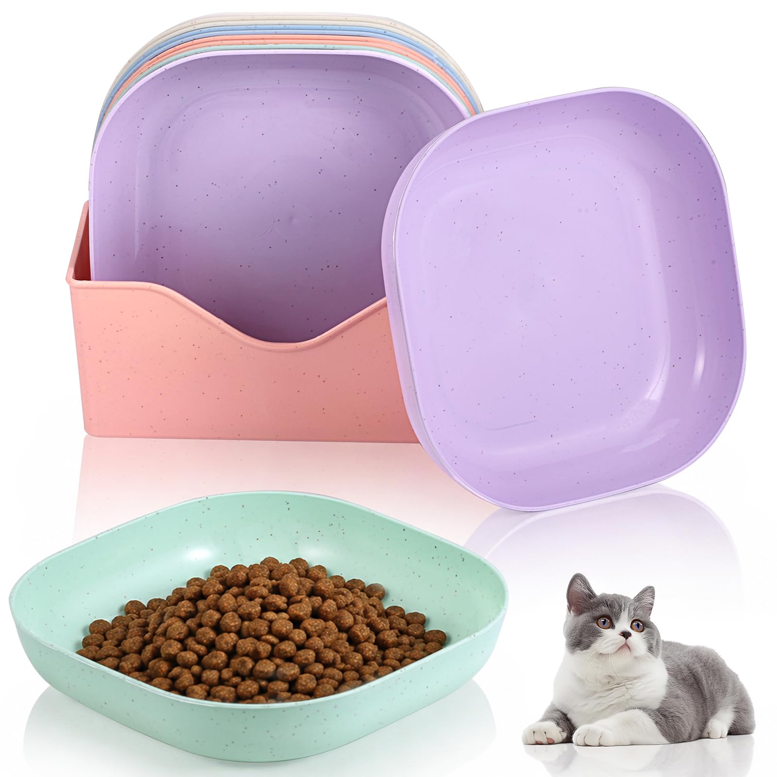 Cat Food Bowl, 10 Pcs Cat Bowls, Whisker Fatigue Free Cats Food Bowls Whisker Relief Shallow Cats Foods Dishes Suitabl for Kittens and Short Legged Catss(Multicolor)