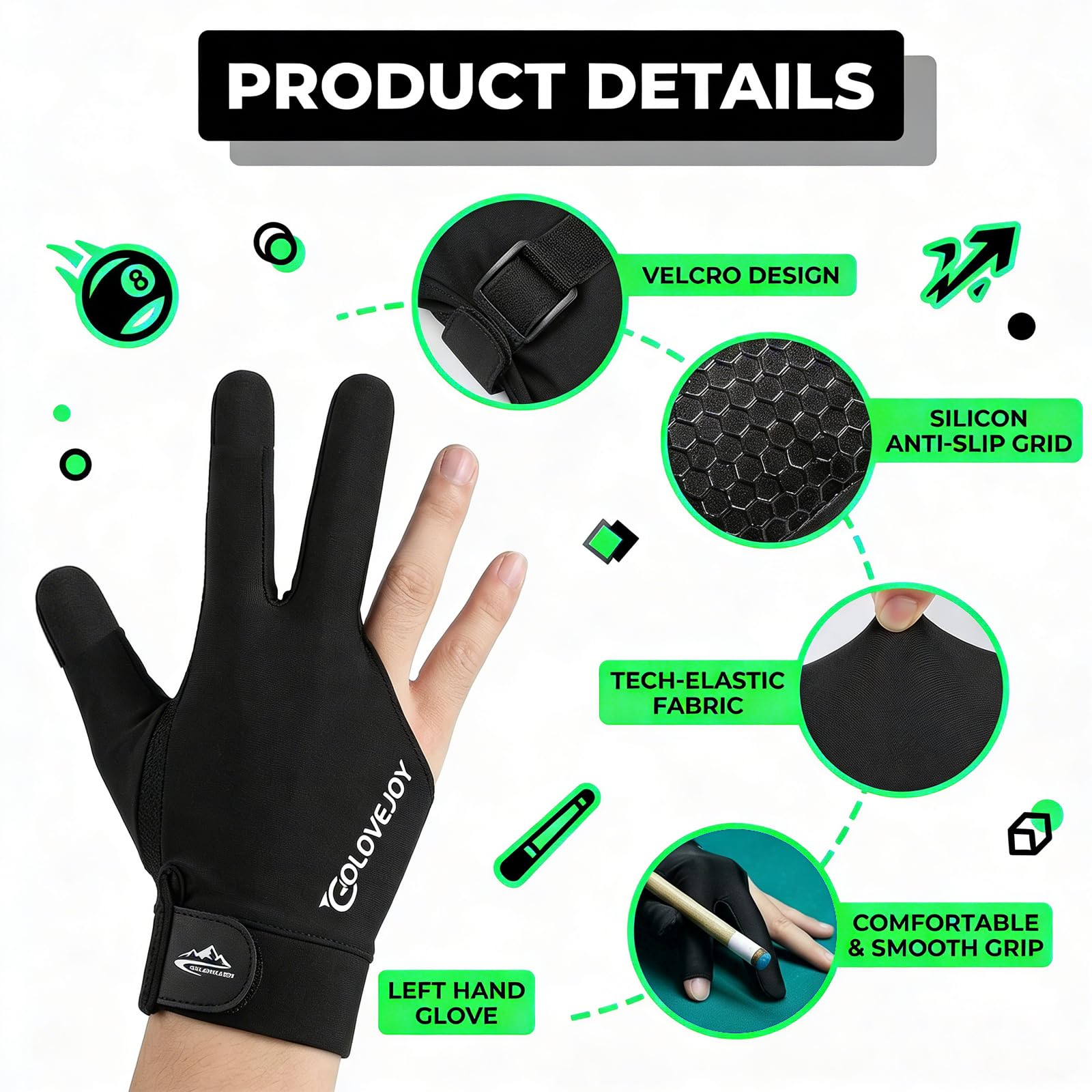 Gants de Billard Respirants à Séchage Rapide Antidérapant pour Tir Précision Queue de Billard Noir