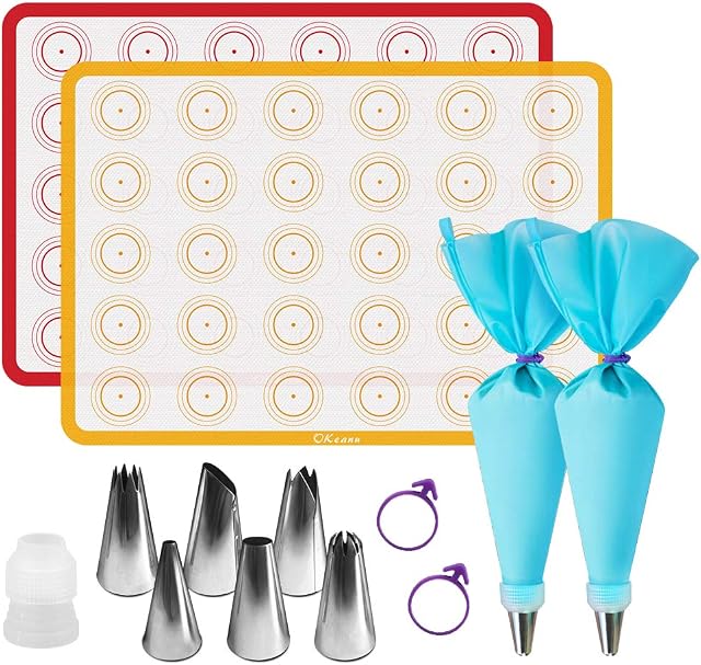 Silicone Baking Mats, Macaron Baking Mat Sheet, Heat-Resistant Cooking Bakeware Mat and Piping Bags and Nozzles Set, Cake Decorating Supplies with 2 Silicone Piping Pastry Bag and 6 Piping Tips