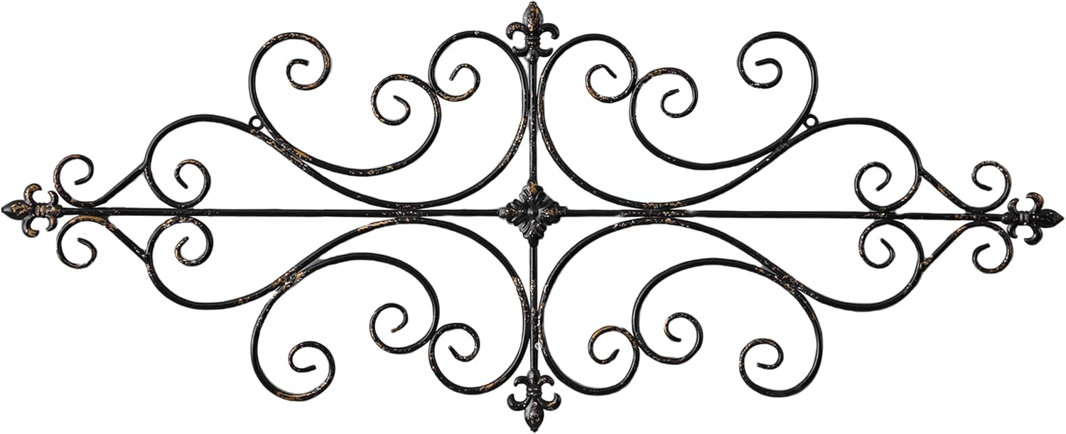 Sintosin Vintage Wrought Iron Wall Decor 45" x 18", Hanging Distressed Finish Fleur De Lis Scroll Metal Wall Art Decor, Farmhouse Black and Gold Home Decorations for Living Room Hallway Bedroom