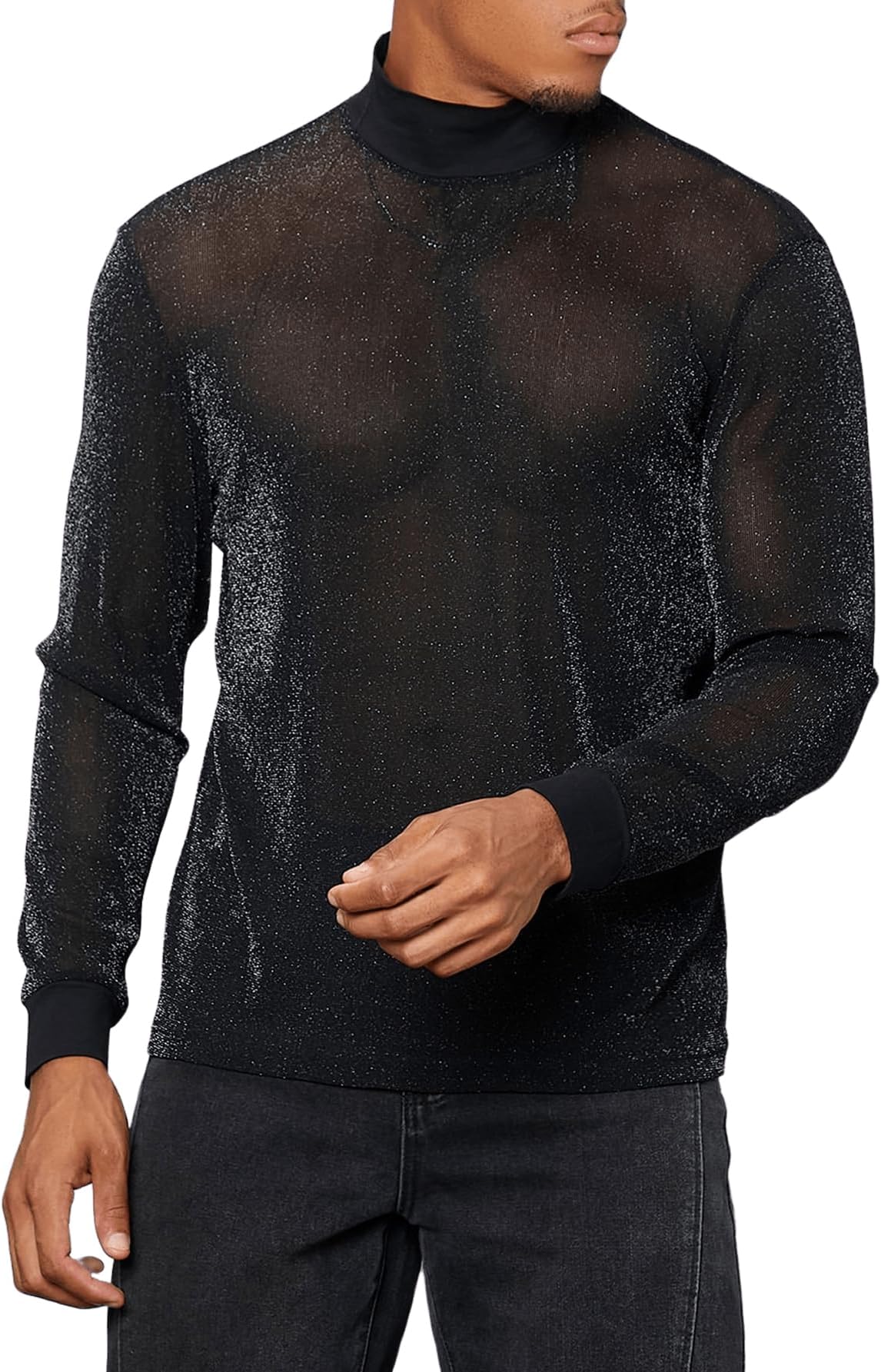 Floerns Men's See Through Long Sleeve Mock Neck Sheer Mesh Tee Shirt