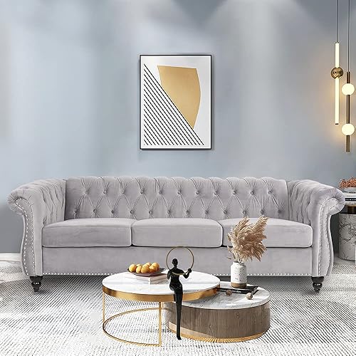 Miniatura 62 de Sofá Chesterfield de terciopelo, sofá tapizado clásico capitoné, moderno de 3 plazas, muebles largos con respaldo copetudo para sala de estar y