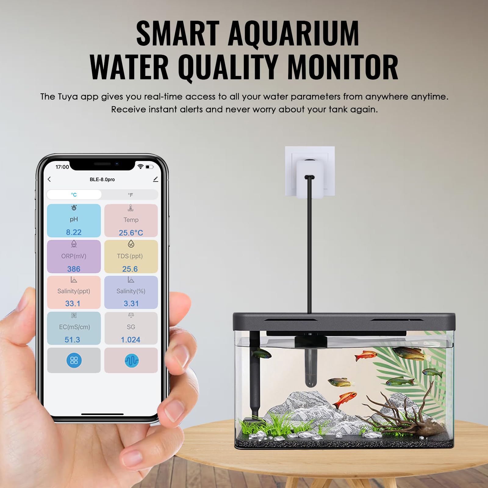 TEKCOPLUS Smart WiFi - Monitor digitale 7 in 1 per acquari e colture idroponiche, tester per pH, temperatura, TDS, salinità CE, gravità specifica e ORP, sonda multi-parametro in tempo reale con