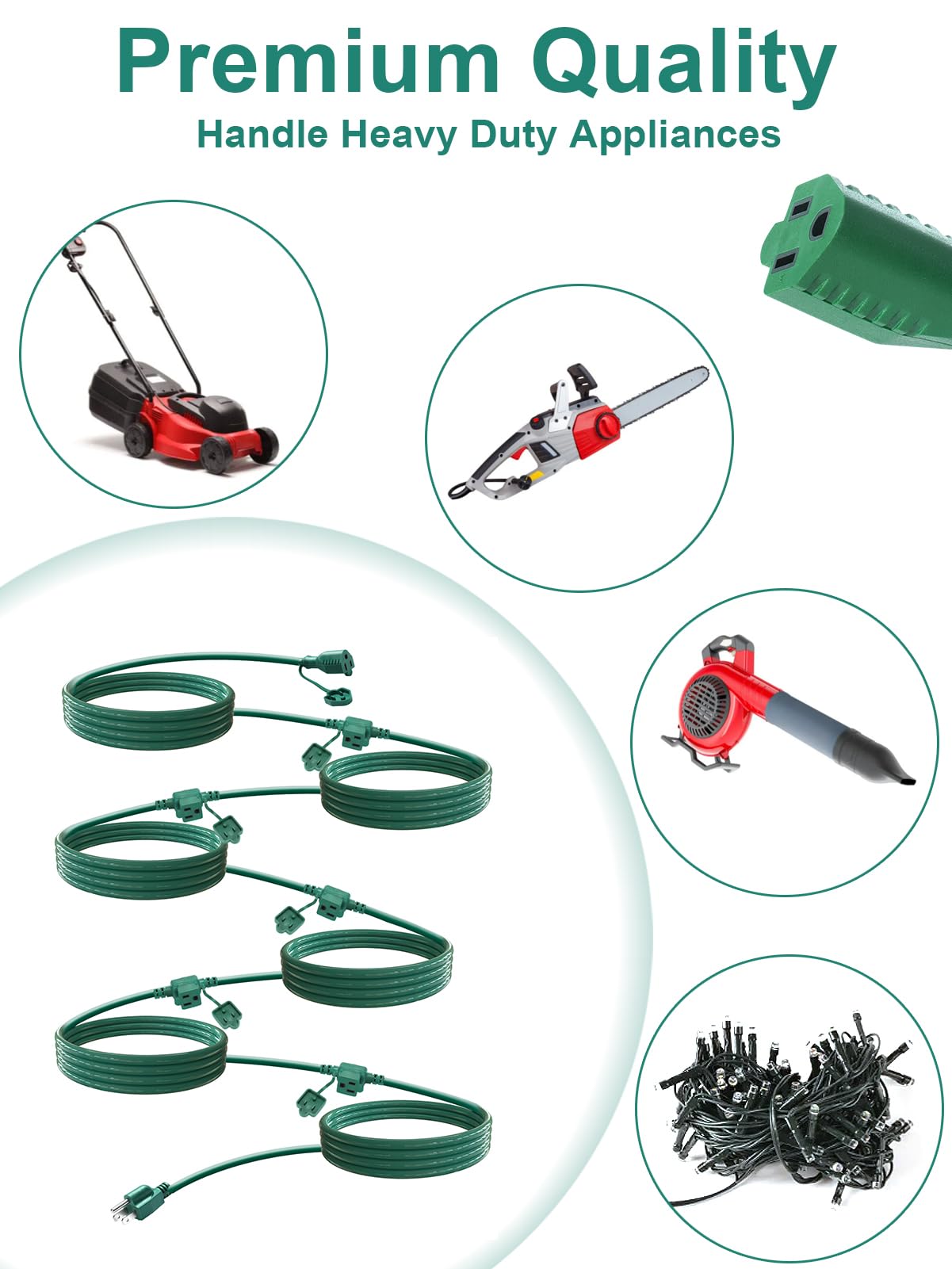 Verlängerungskabel für den Außenbereich mit mehreren Steckdosen, grünes Weihnachtslicht-Verlängerungskabel, 6 gleichmäßig verteilte Stecker, 16/3 SJTW-Kabel