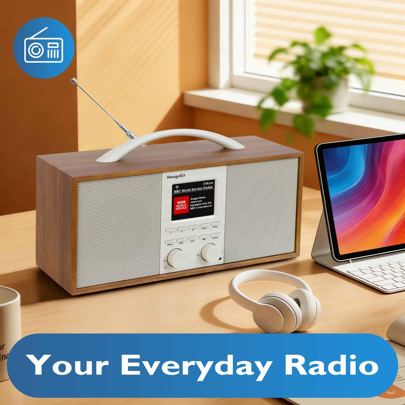 SR40 Radio por Internet Recargable con Bluetooth,Podcast Player-Radio Dab/Dab+ y FM estéreo, batería 10+ Horas, Sonido Real 2.0, 150 presintonías, Radio Despertador, Madera de Primera Calidad