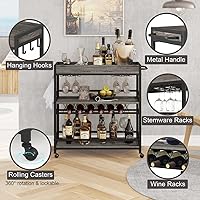 Vista 3 de BON AUGURE Carrito de Bar, Carrito de Servicio de Bar para el Hogar con Ruedas, Carrito de Bebidas Móvil de 3 Niveles con Estante para Vino
