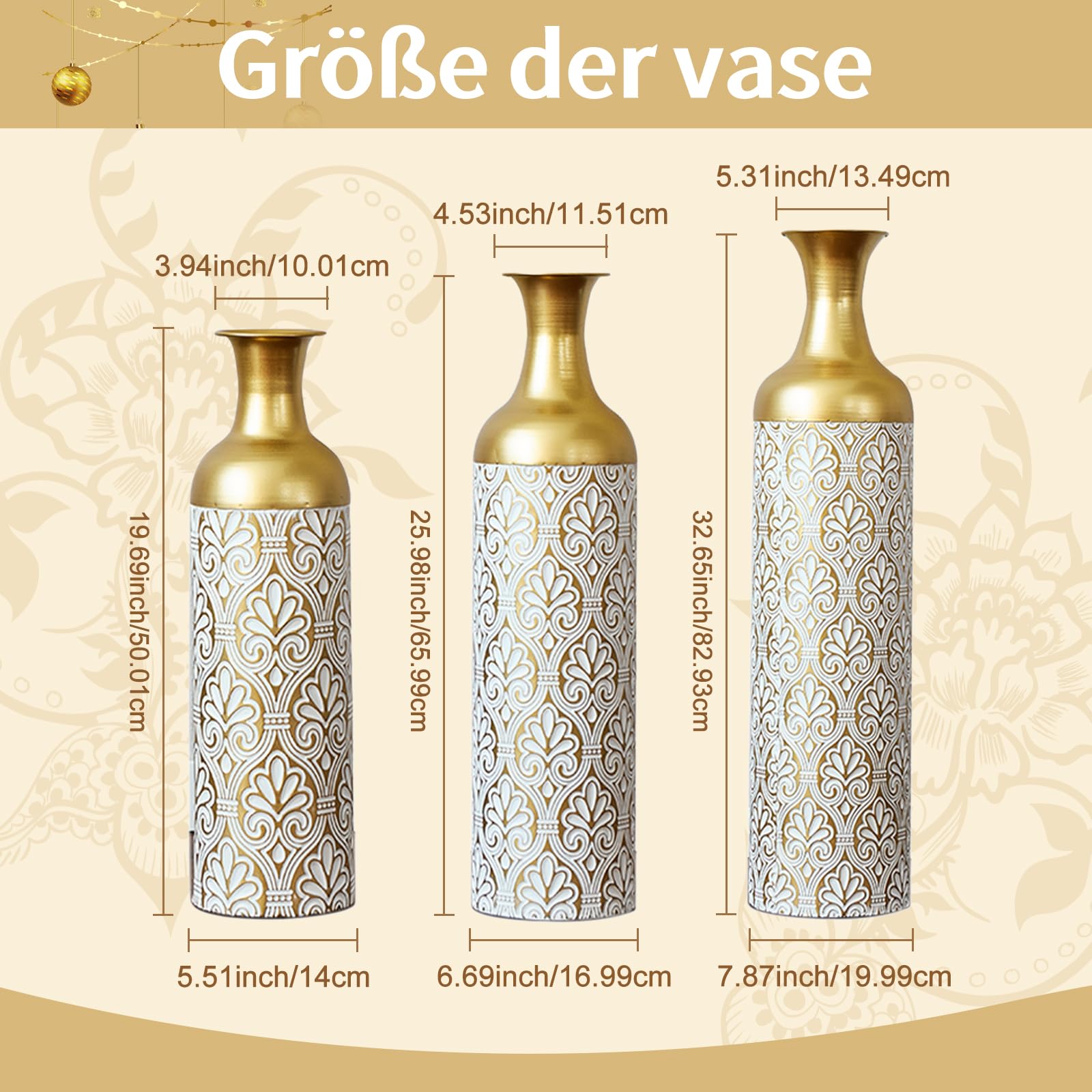 Juego de 3 jarrones altos de suelo – 83/65/50 cm, jarrones de metal blanco y negro para hierba de las Pampas, flores secas y ramas, jarrones decorativos para sala de estar, dormitorio (oro blanco +