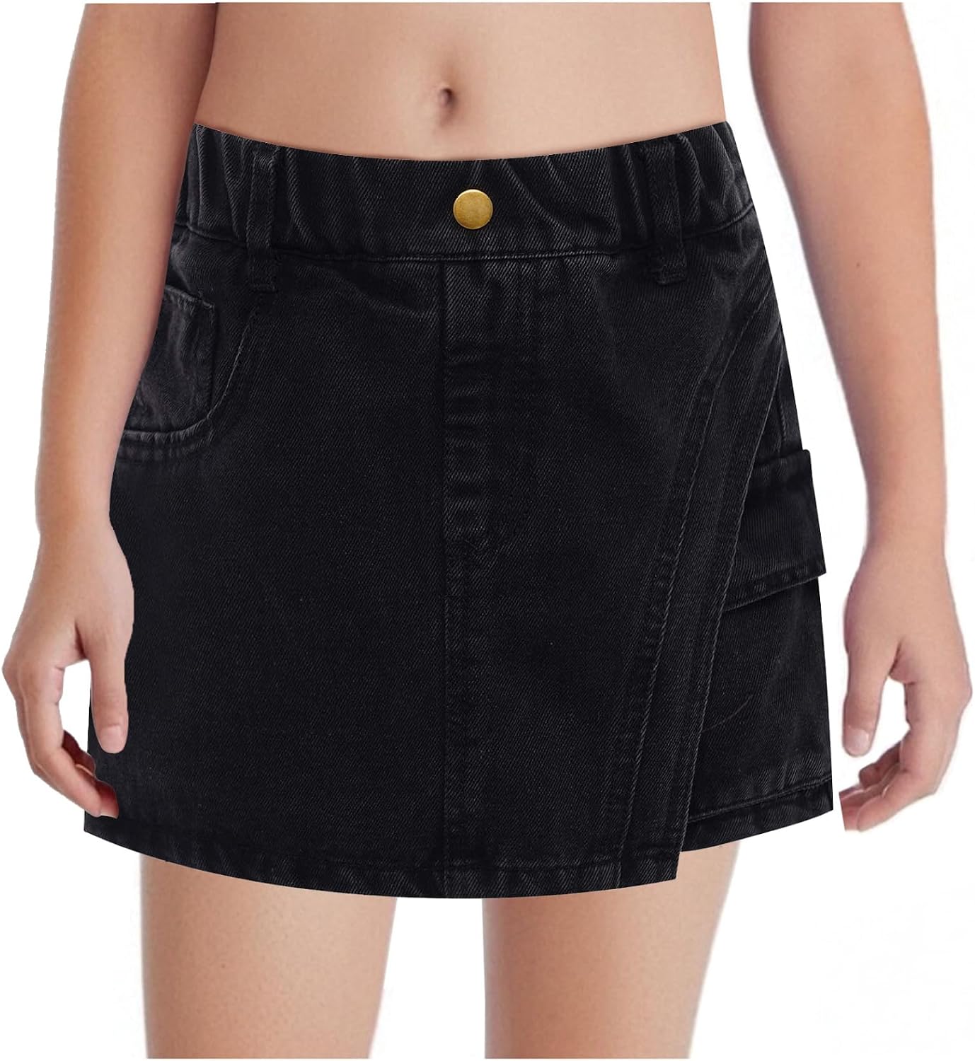 Girls Elastic High Waist Denim Skorts Casual Mini Asymmetric Wrap Jean Shorts Skirt with Pockets