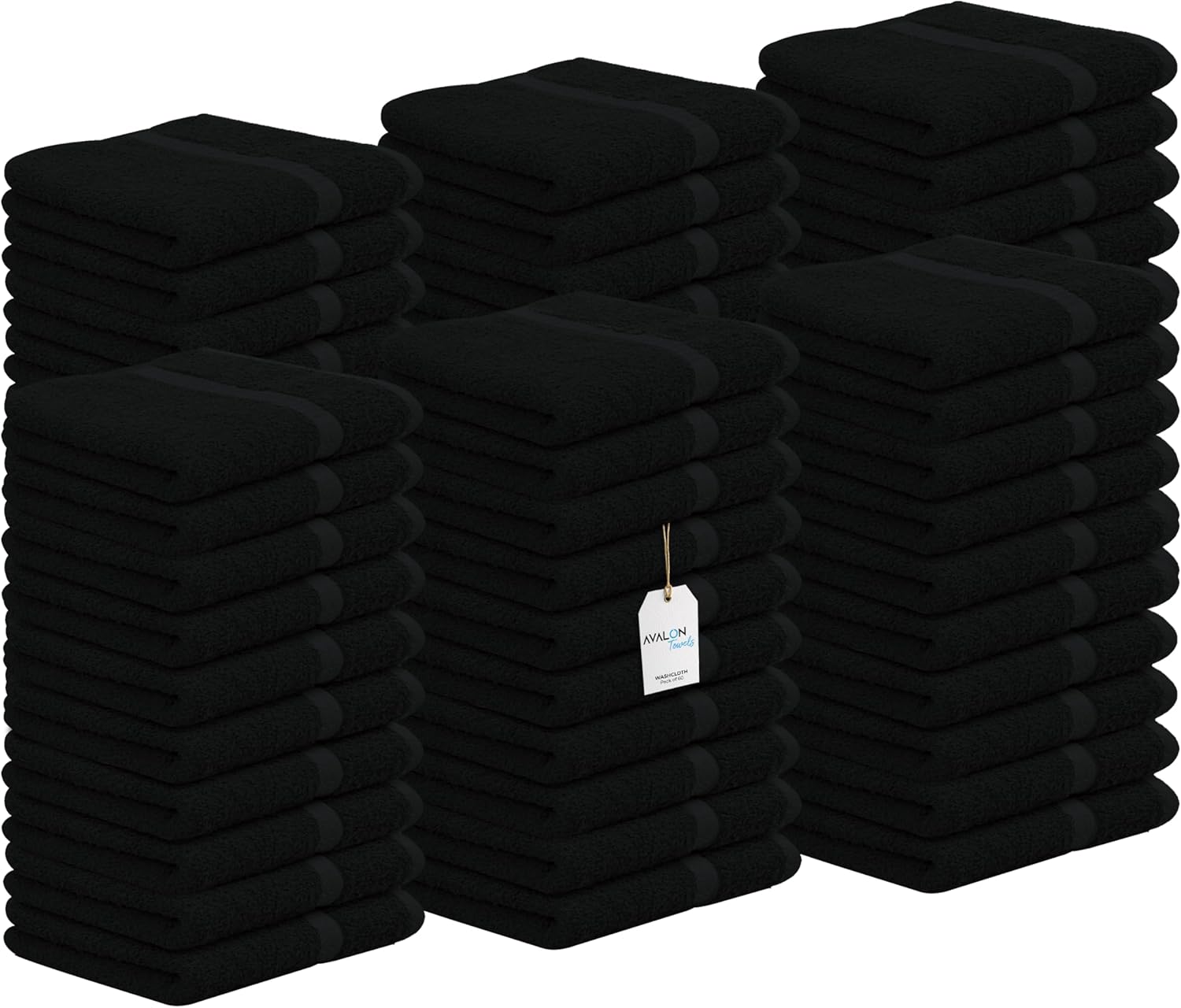 Avalon Towels Cotton Washcloths – (Pack of 60) Size 12x12 Inches, 100% Ring Spun Cotton, Soft & Absorbent Face Towels, Gym Towels, Hotel and Spa Quality, Reusable Fingertip Towels (Black) Pack of 60 Black
