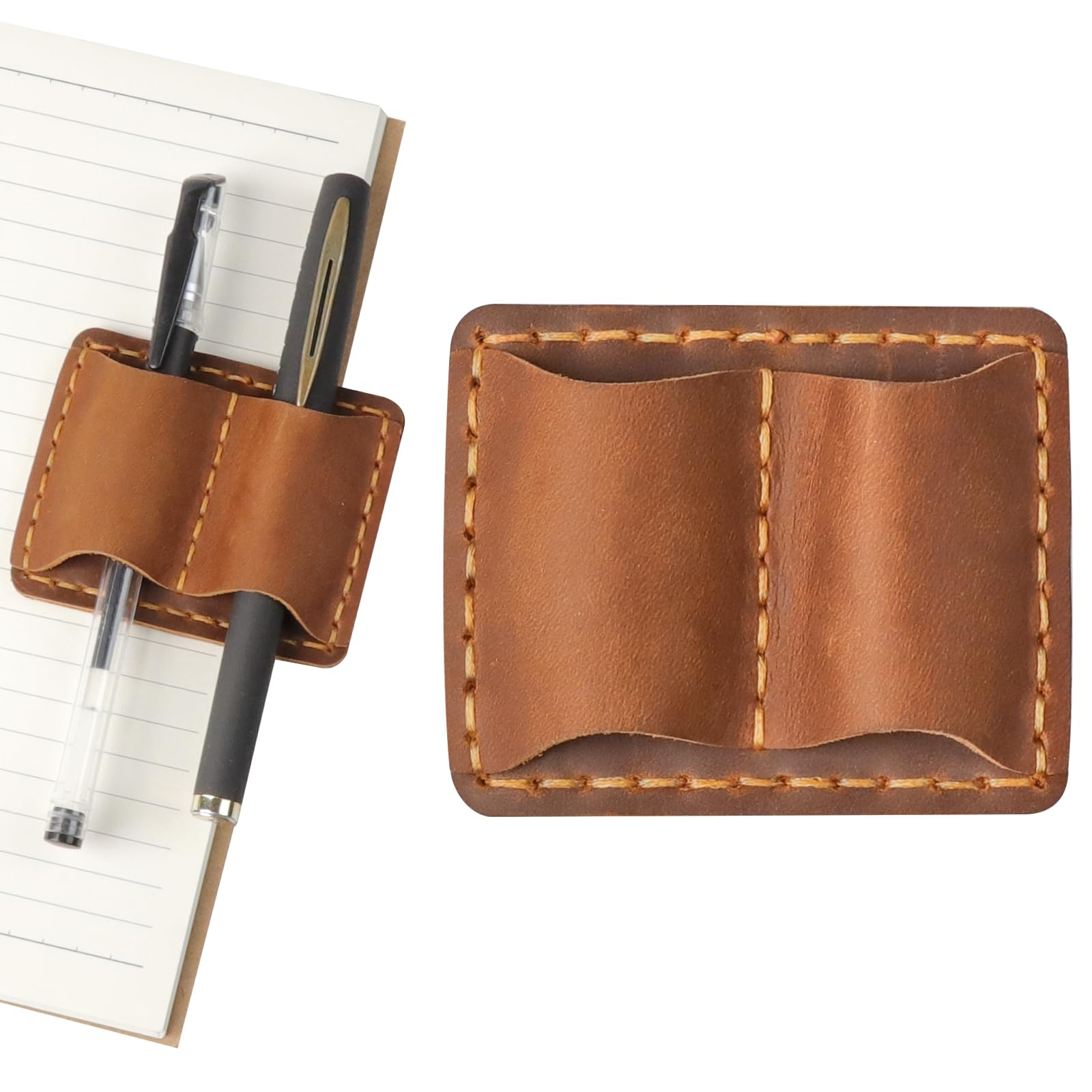 loghohu Leather Pen Holder for Notebooks and Journals - Double Pen Loop - Brown