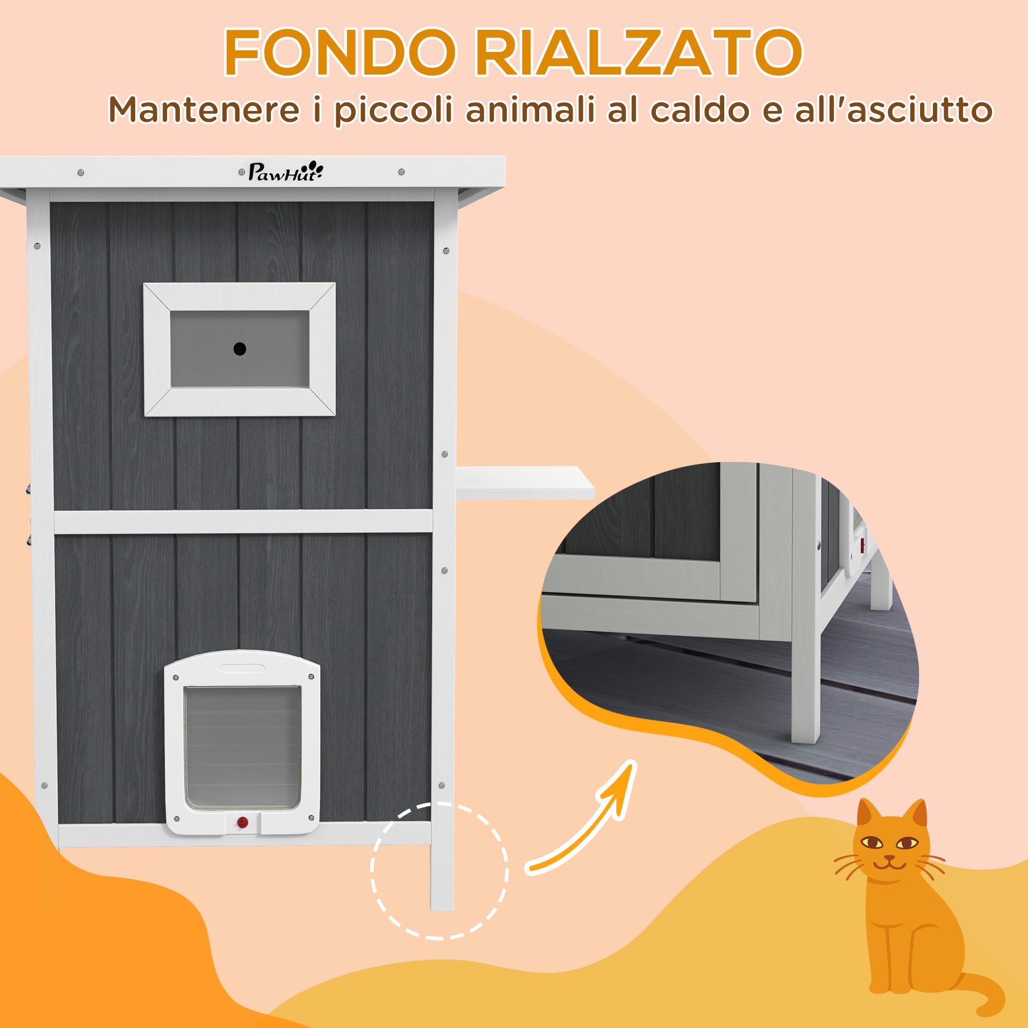 PawHut Cuccia Gatto Esterno in Legno di Abete a 2 Piani, Casetta per Gatti da Esterno con Tetto Apribile e Impermeabile, 60x60x90.5cm