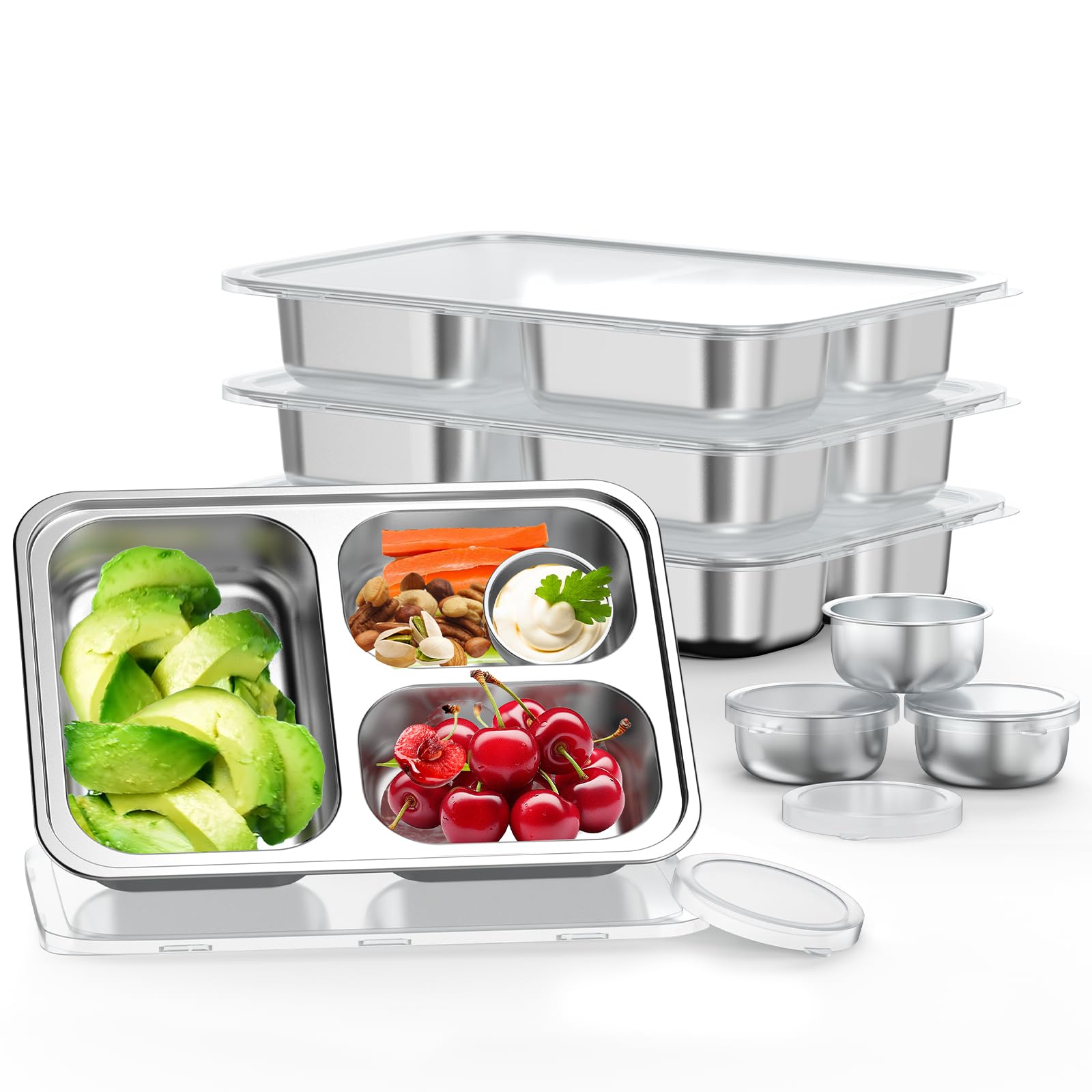 Bakpoco Stainless Steel Divided Plate for Kids Toddler, Non Toxic Portion Control Plate Dinner Plate with Lid for Adults Weight Loss, 4 Pack 3