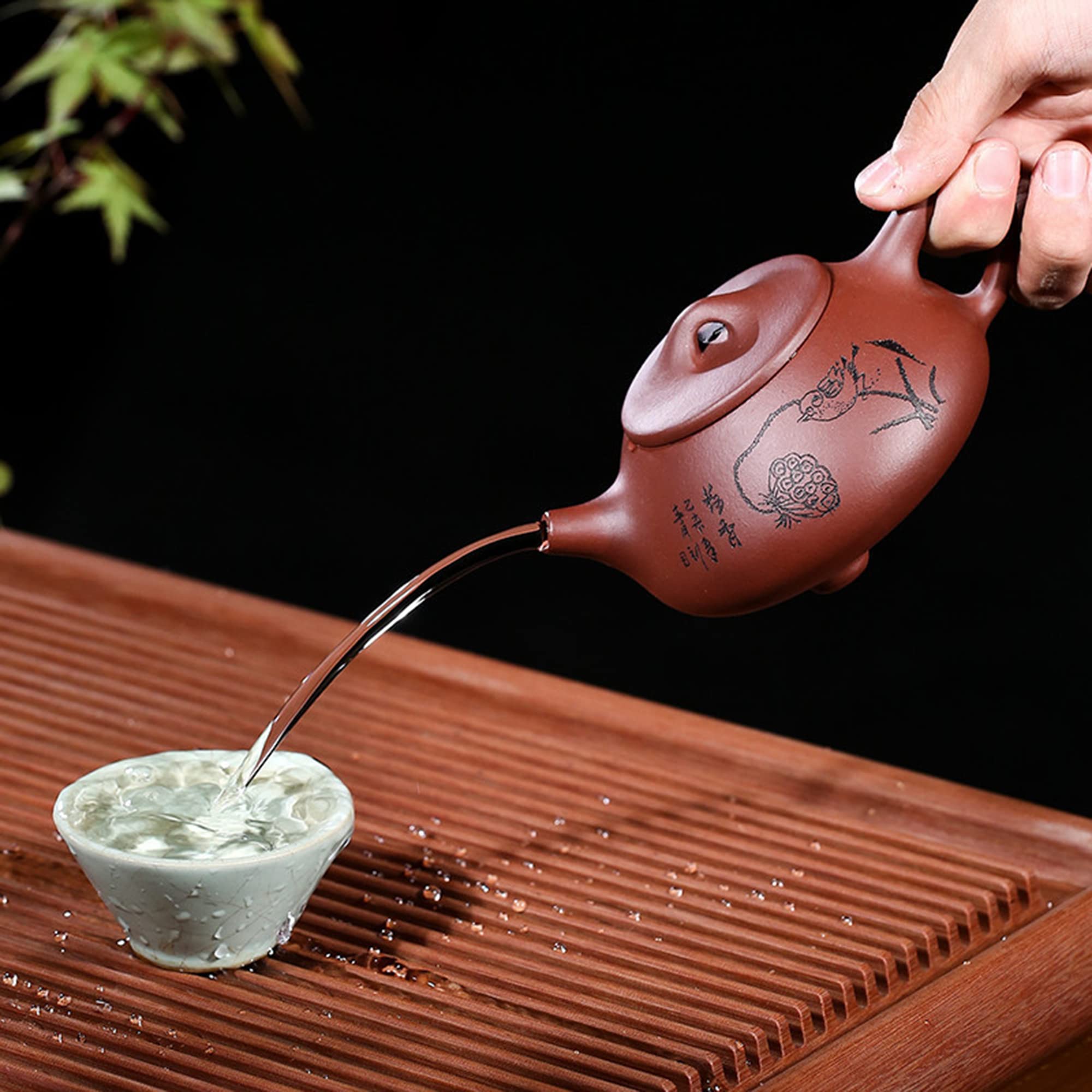 fanquare 280ml Tetera China Hecha a Mano Yixing Zisha，Juego de Té de Arcilla Morada Yixing Zisha con Hojas de Loto y Pájaros Patrón de Flores