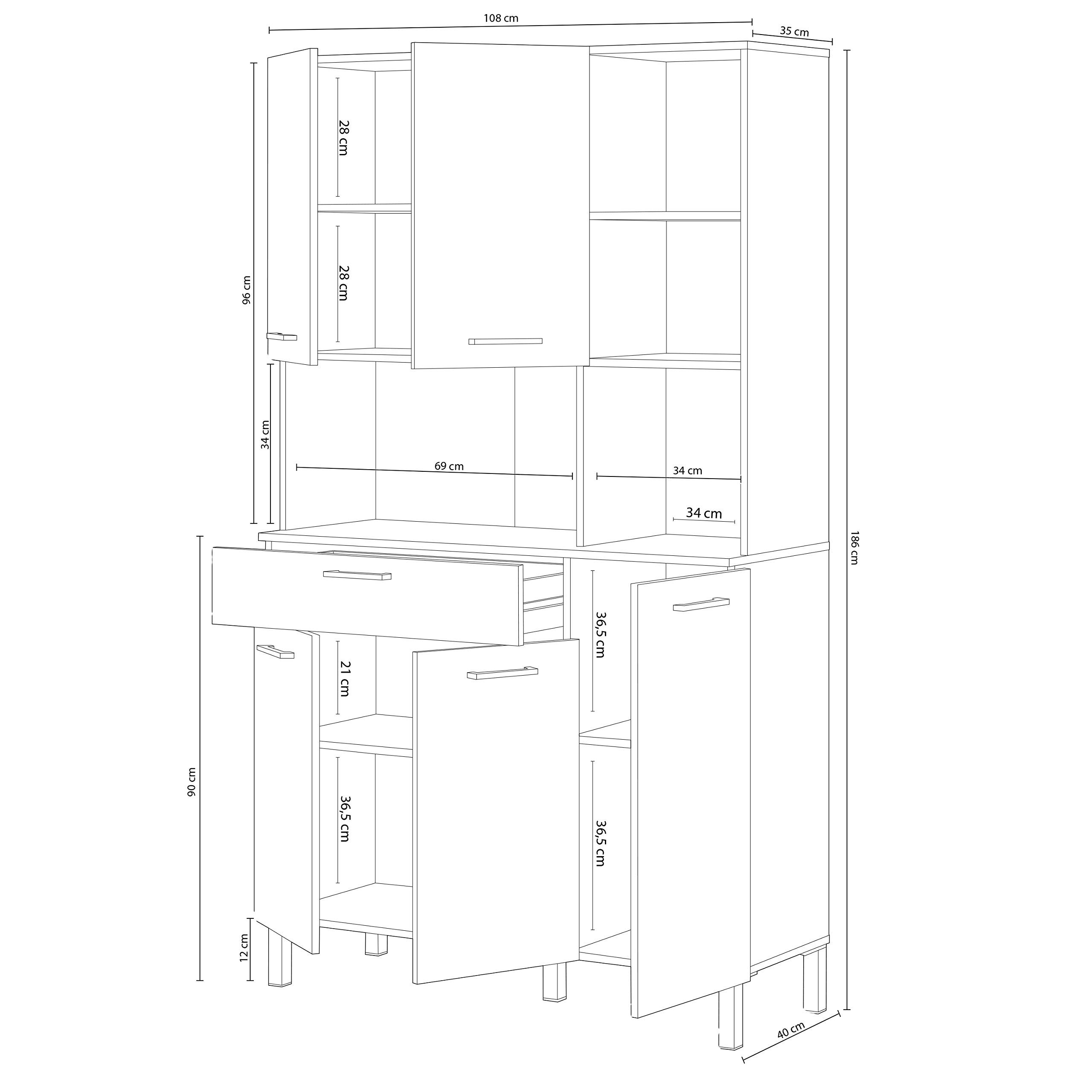 duehome | Alacena de Cocina, Mueble Auxiliar 5 Puertas + 1 Cajon y Estante Interior, Modelo Colin, Acabado en Blanco Artik y Roble Canadian, Medidas: 108 cm (Ancho) x 186 cm (Alto) x 40 cm (Fondo)