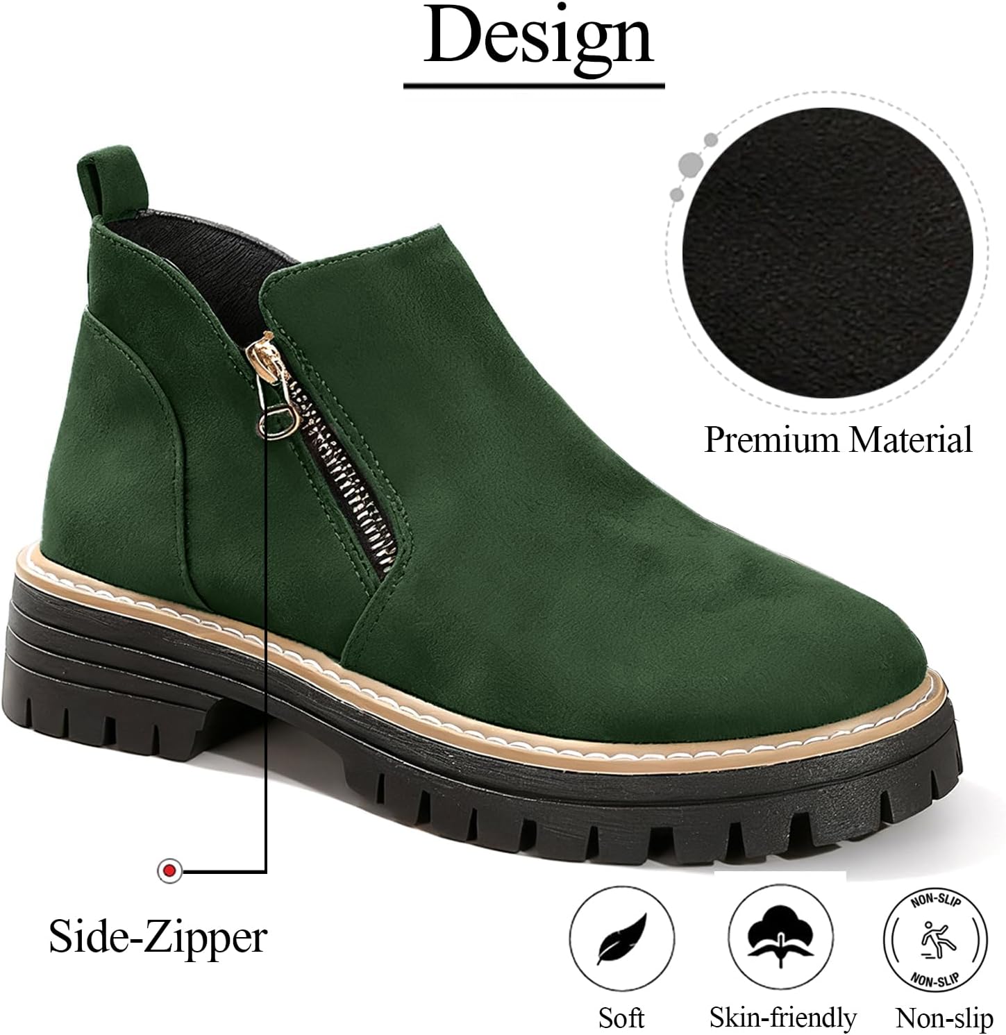 Chunky Heel Ankle Boots For Women Suede Comfy Platform Lug-Sole Round Toe Short Booties With Side Zipper Casual Vintage Shoes