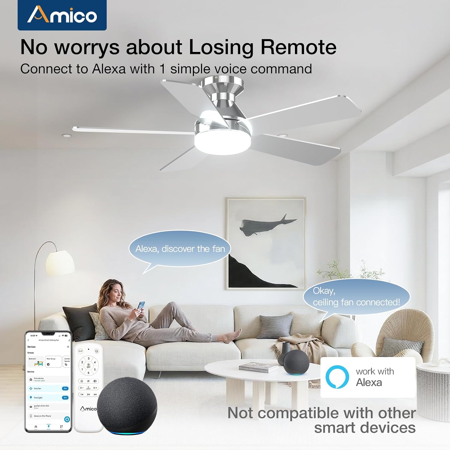 Amico 42 inch Smart Ceiling Fans with Lights, Low Profile Ceiling Fan, Remote/Alexa Voice Control, Flush Mount, Reversible DC Motor, 5 Blades, 6 Speeds, 3CCT, Dimmable, Noiseless, Bedroom, Nickel
