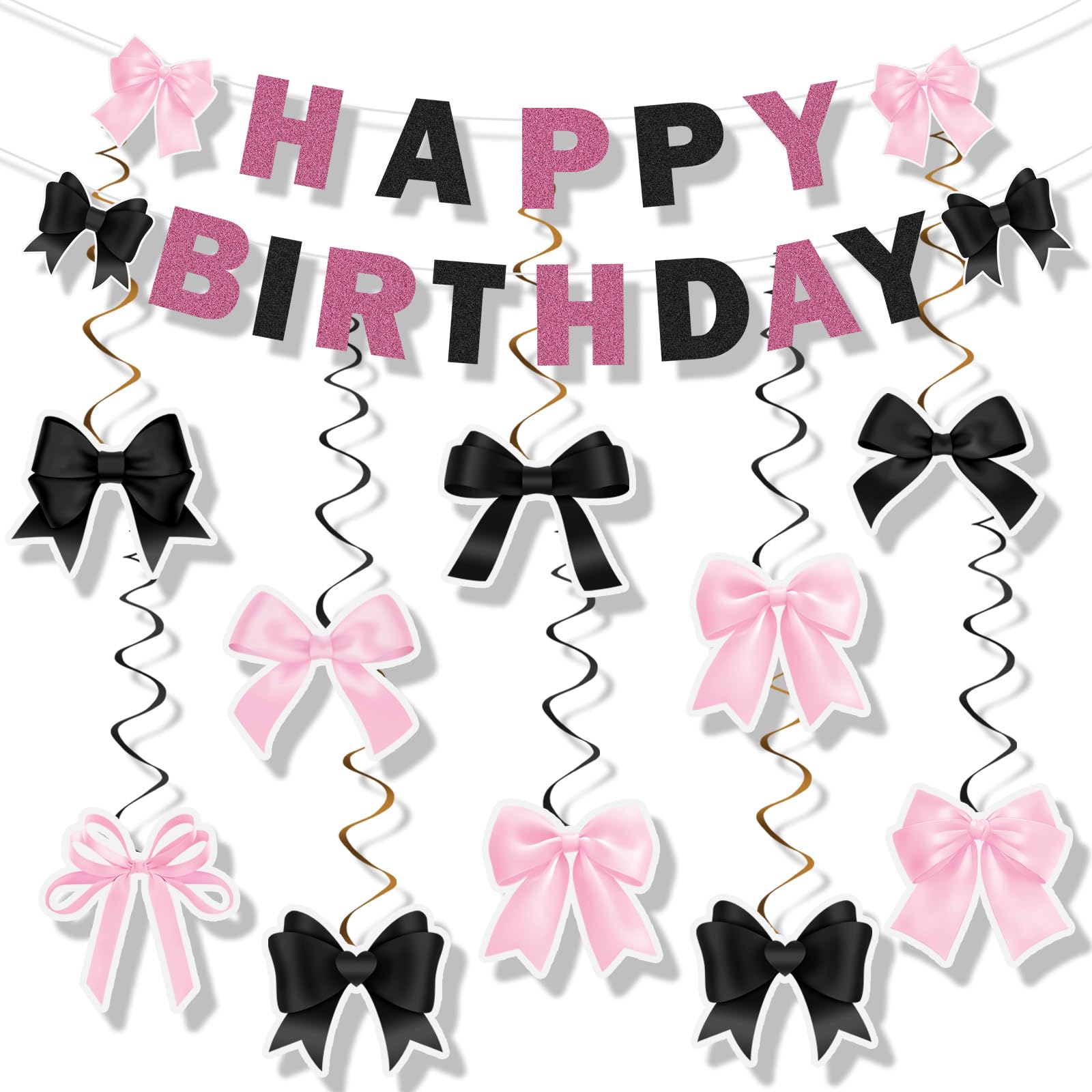 Pink and Black Bow Birthday Banner Decoration, Happy Birthday Bow Banner Decor Supplies, Hanging Swirls Coquette Party Decorations for Women Baby Shower Party