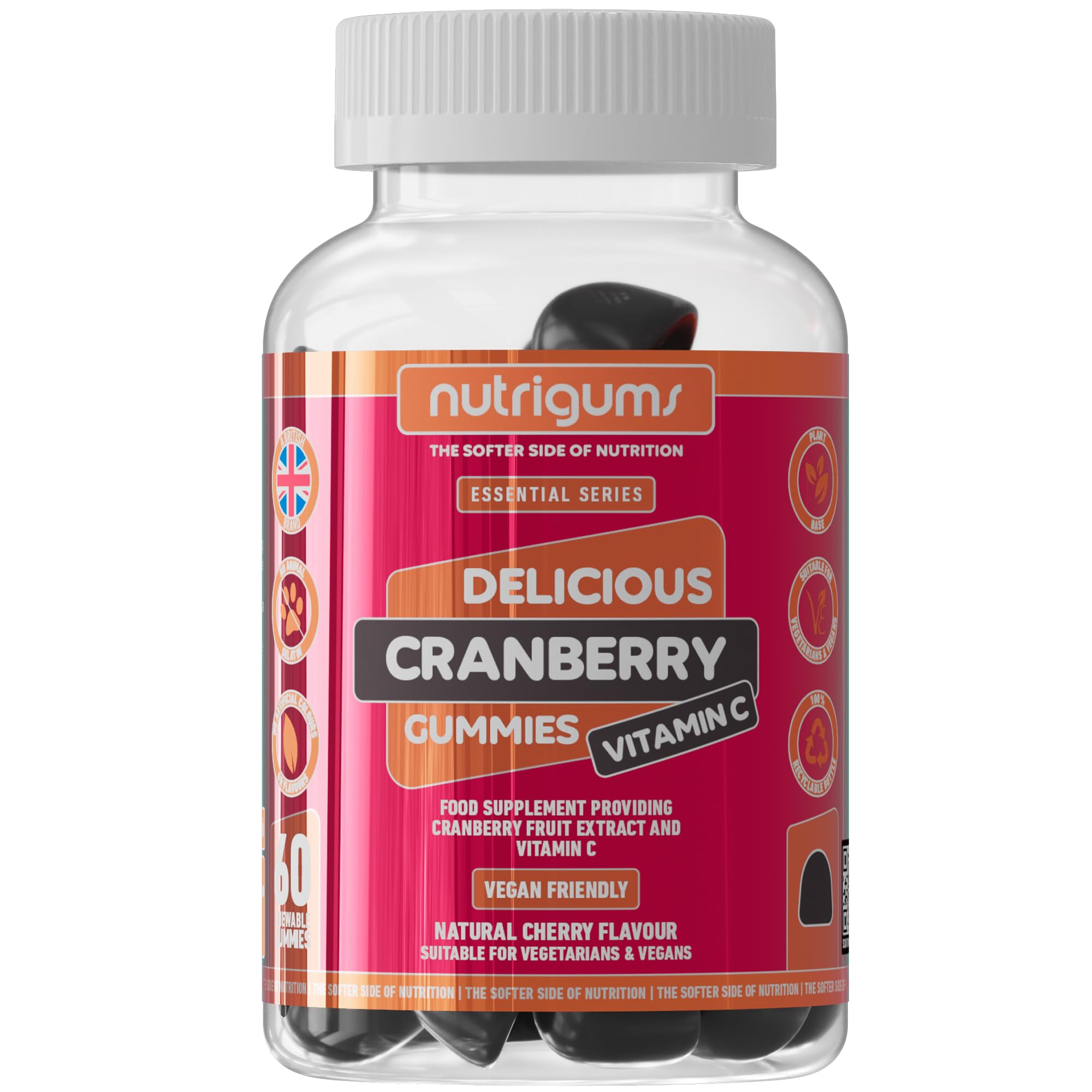 Cranberry & Vitamin C Gummy | High Strength | Cranberry Extract 9000mg (25% Proanthocyanidins) + Vitamin C 80mg | Cherry Flavour | 60 Vegan Gummies | Antioxidants & Urinary Tract Support by NUTRIGUMS®