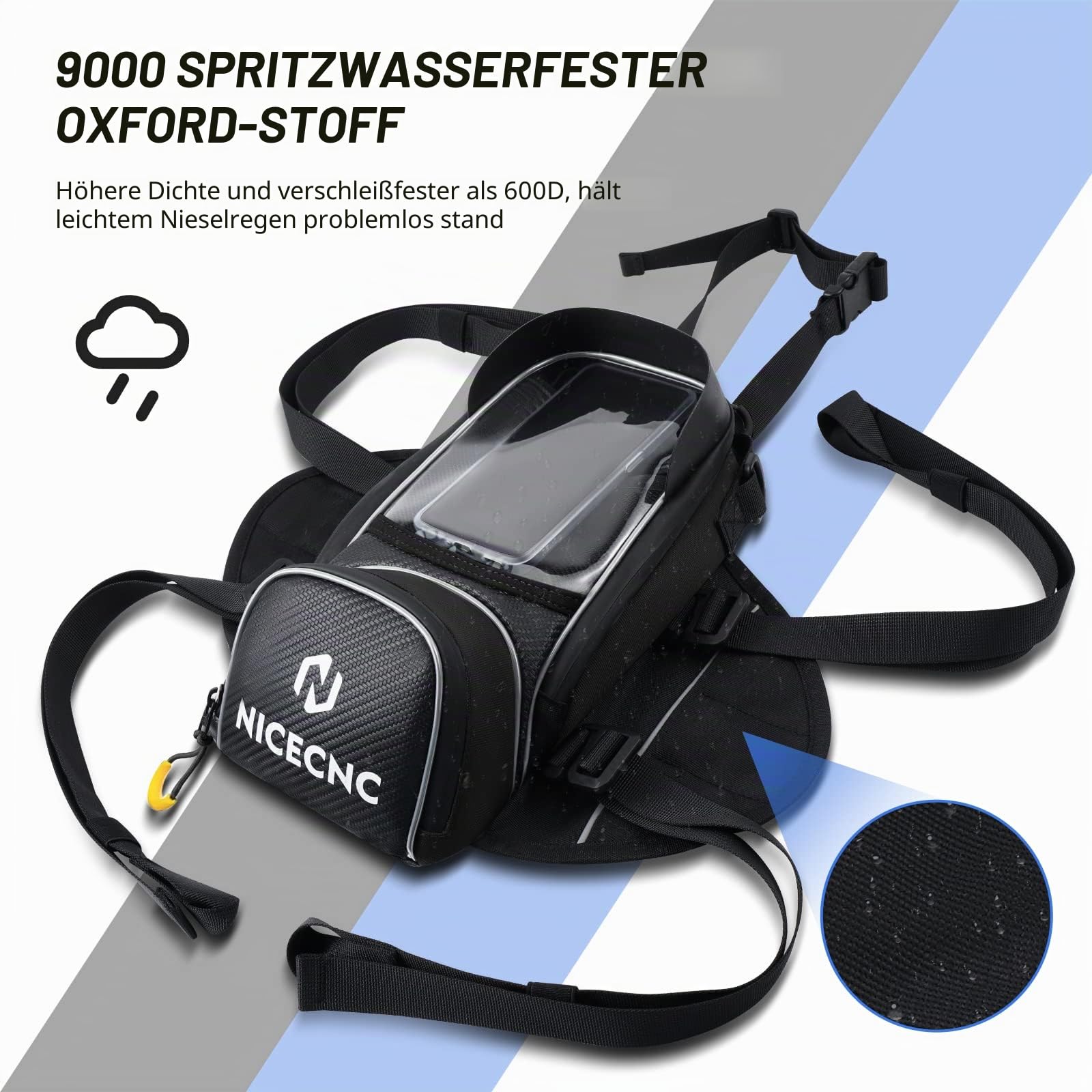 NICECNC Motorrad-Tankrucksack mit Magnetbefestigung, 6 Magneten und 5 verstärkten Riemen, Abnehmbarer Rutschfester Boden, tragbar, Tankrucksack für Dirtbikes, schwarz