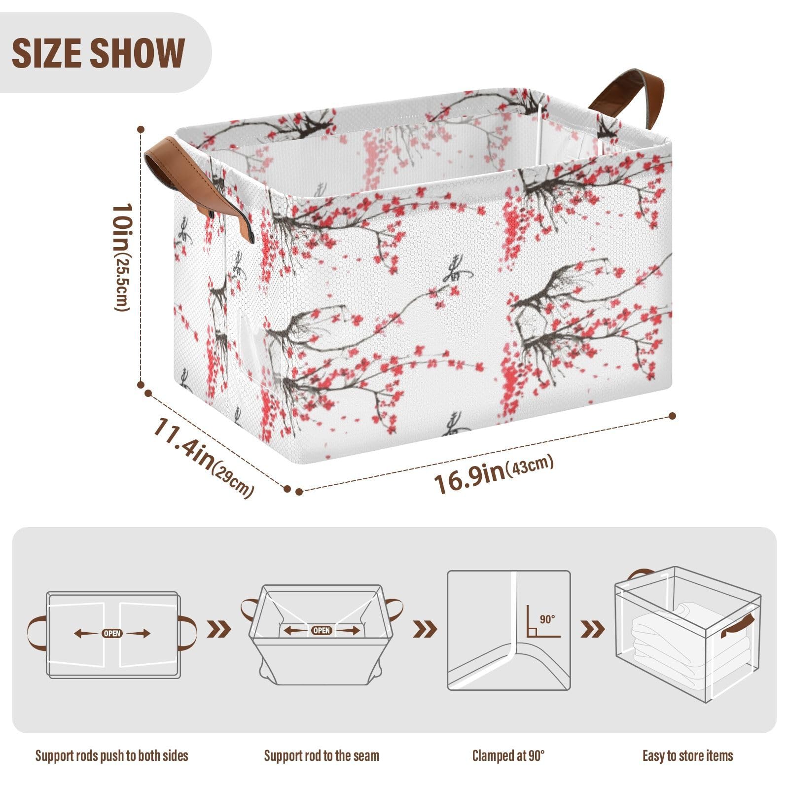 Japanese Cherry Tree Branches with Red Flowers on White Background 2PC Rectangle Foldable Frame Basket Leather Handles Storage Bin for Laundry Bathroom Organizer M 16.9 x 11.4 x 10 inch