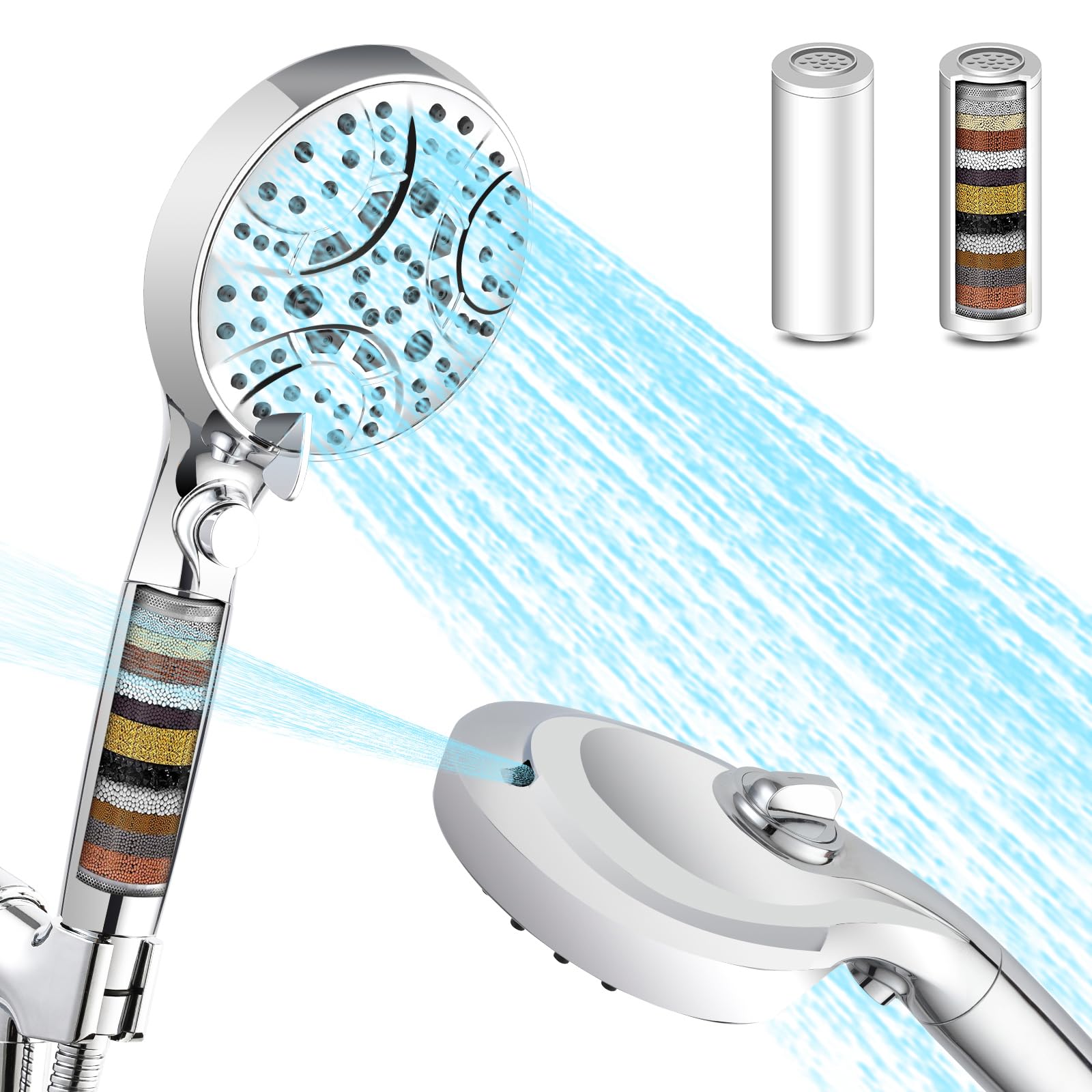 Essbhach High Pressure Handheld Shower Head Filter for Hard Water with 2 Pack Replacement Shower Filter Cartridge Remove Chlorine and Harmful Substances, Pause Switch, 59" Hose and Bracket