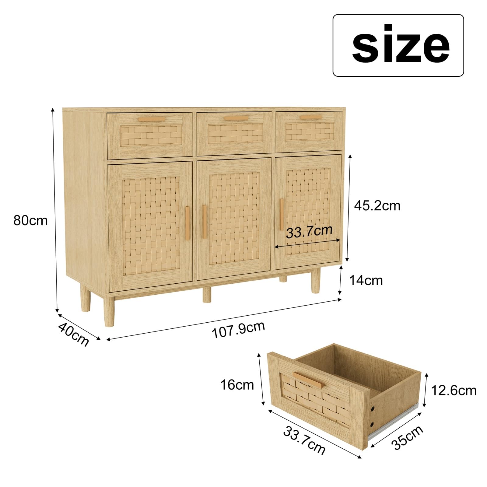 Kredens rattanowy z 3 szufladami i 3 drzwiami, szafka do przechowywania 107,9 x 40 x 80 cm z szafkami na drzwi, komoda z szufladami z nogami, kredens do przechowywania do przedpokoju, wejścia
