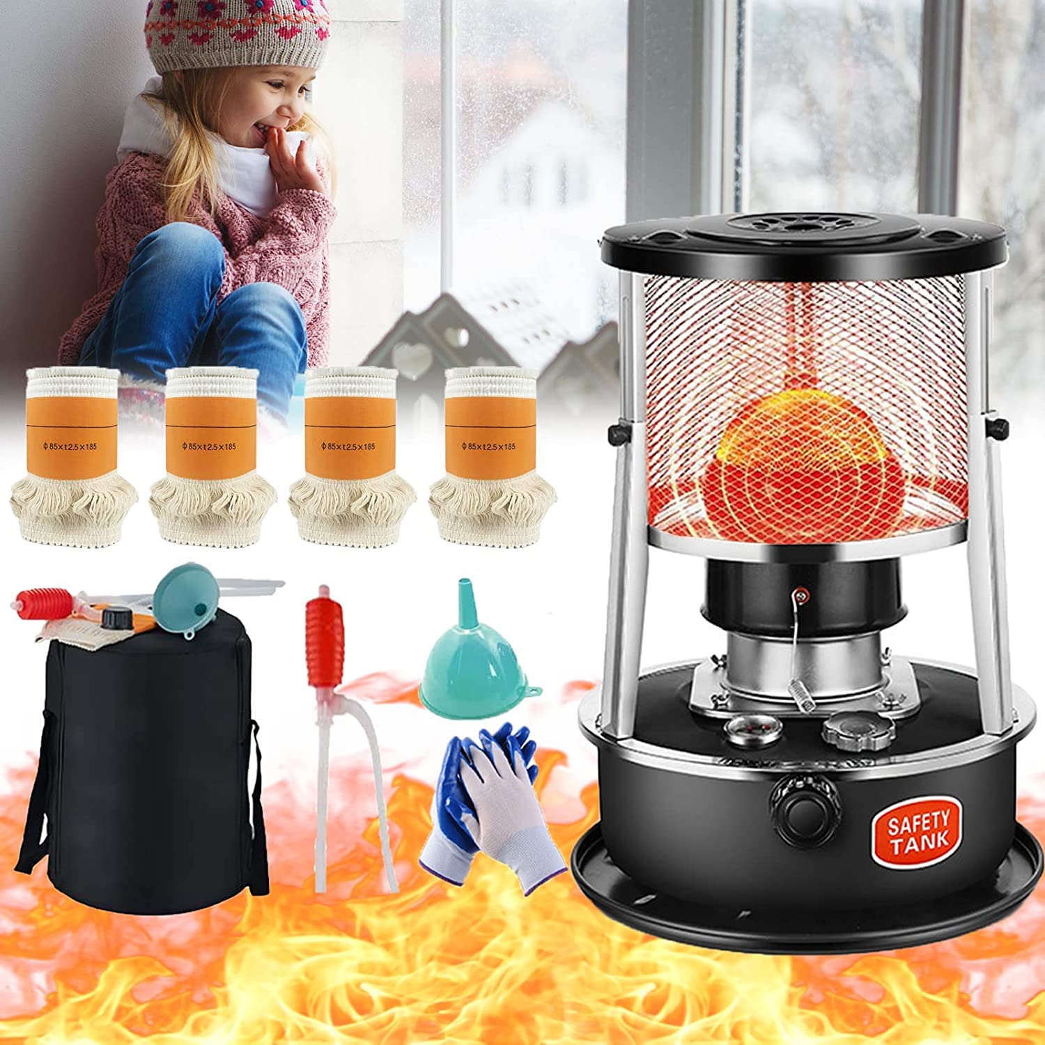 Calentadores de Parafina para Interior,Calentador de Queroseno Portátil 4.5L,Estufa de Queroseno con Mechas Y Guantes