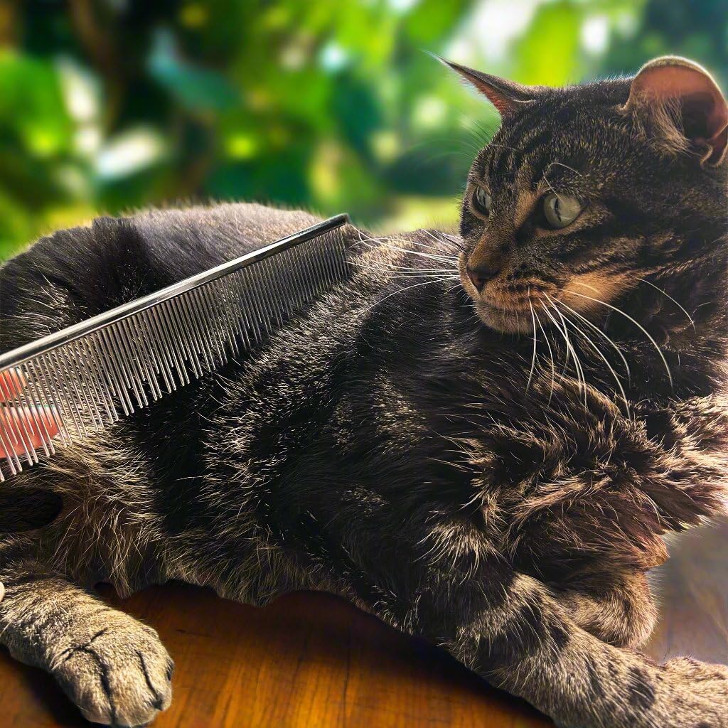 Peine cardado para gatos, 19 cm, fabricado con cobre, puntas redondeadas que evitan la irritación, diseño de doble diente para pelo corto y largo que elimina tapetes y enredos