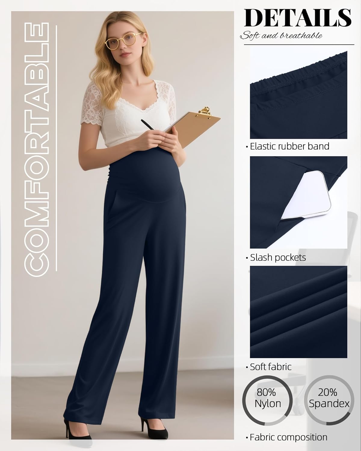 Women's Maternity Pants Over The Belly Pregnancy Clothes for Work Stretchy Straight Dress Pants with Pockets - Image 5