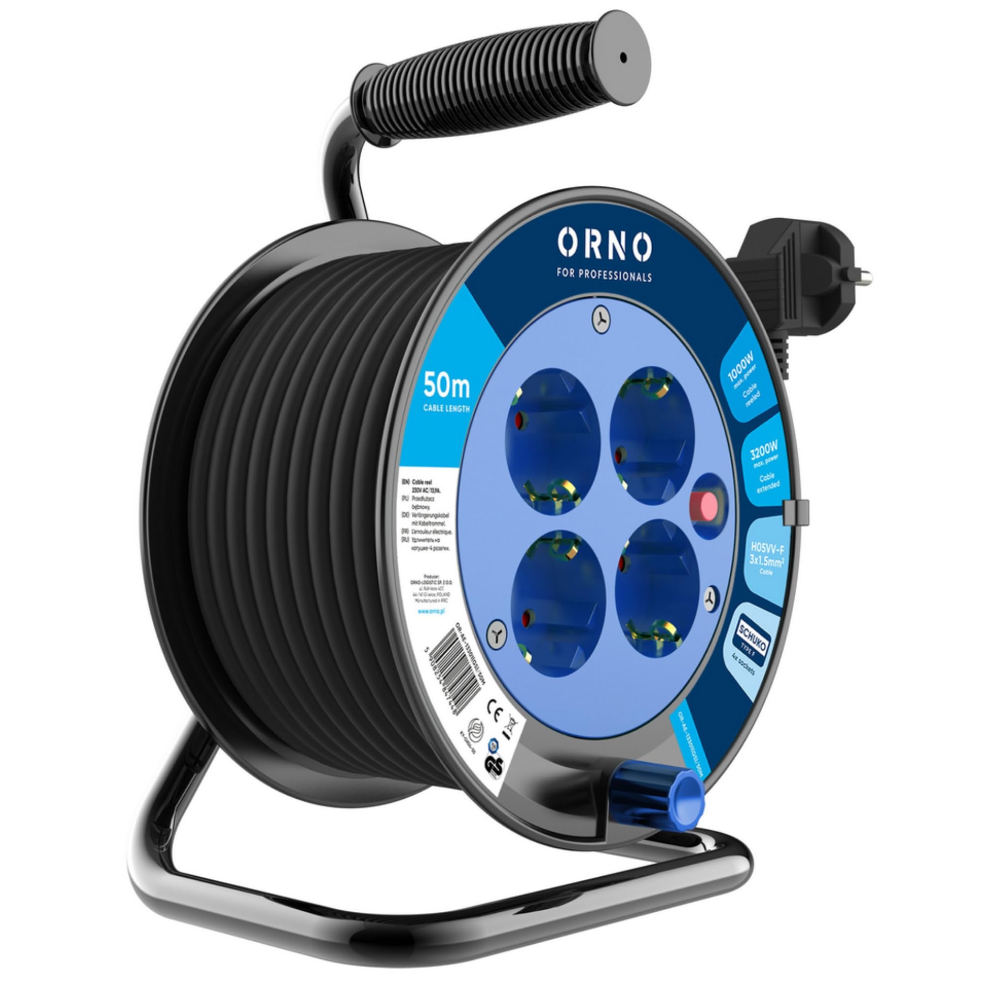 Carrete Enrollador de Cable | Alargador Enchufe con 4 Tomas Schuko 2P+T | H05VV-F 3x1,5 mm² PVC | Protección Térmica contra Sobrecargas | IP20 Uso Interior (50 metros)