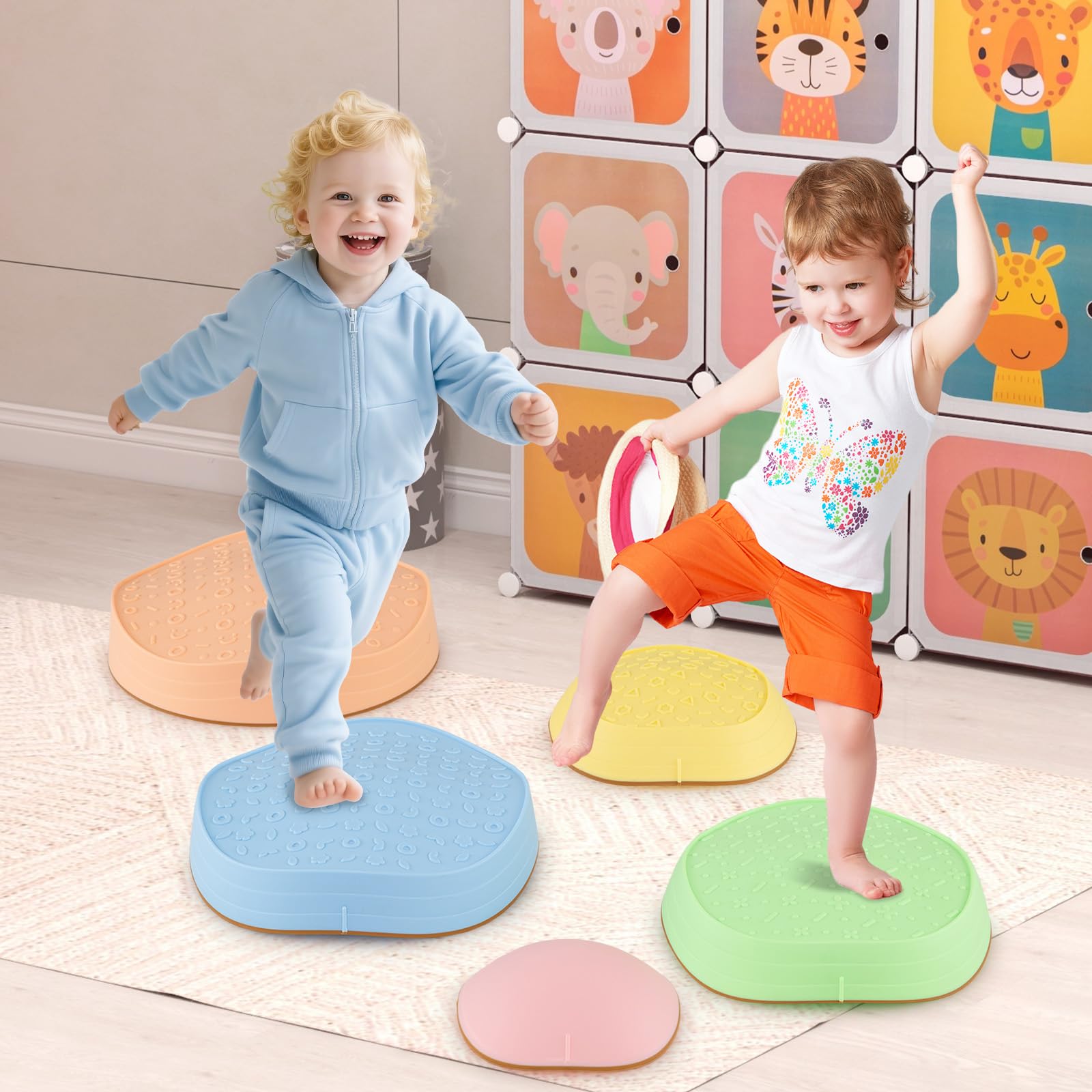 GOPLUS Pierres d'Équilibre pour Enfants, 5 Pièces Parcours de Motricité Antidérapantes Empilables avec Sac de Rangement