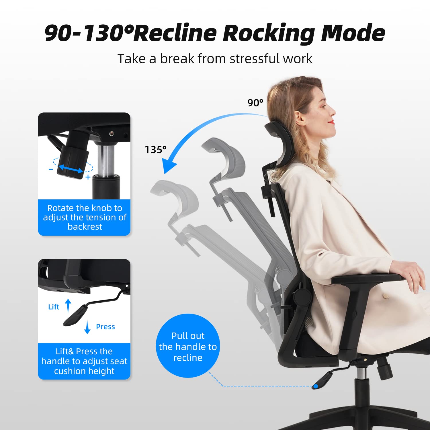 Daccormax Sedia da Ufficio ergonomica, con poggiatesta regolabile, Sedia con braccioli e supporto lombare,Funzione di Inclinazione fino a 125°, Max Portata di 150 kg