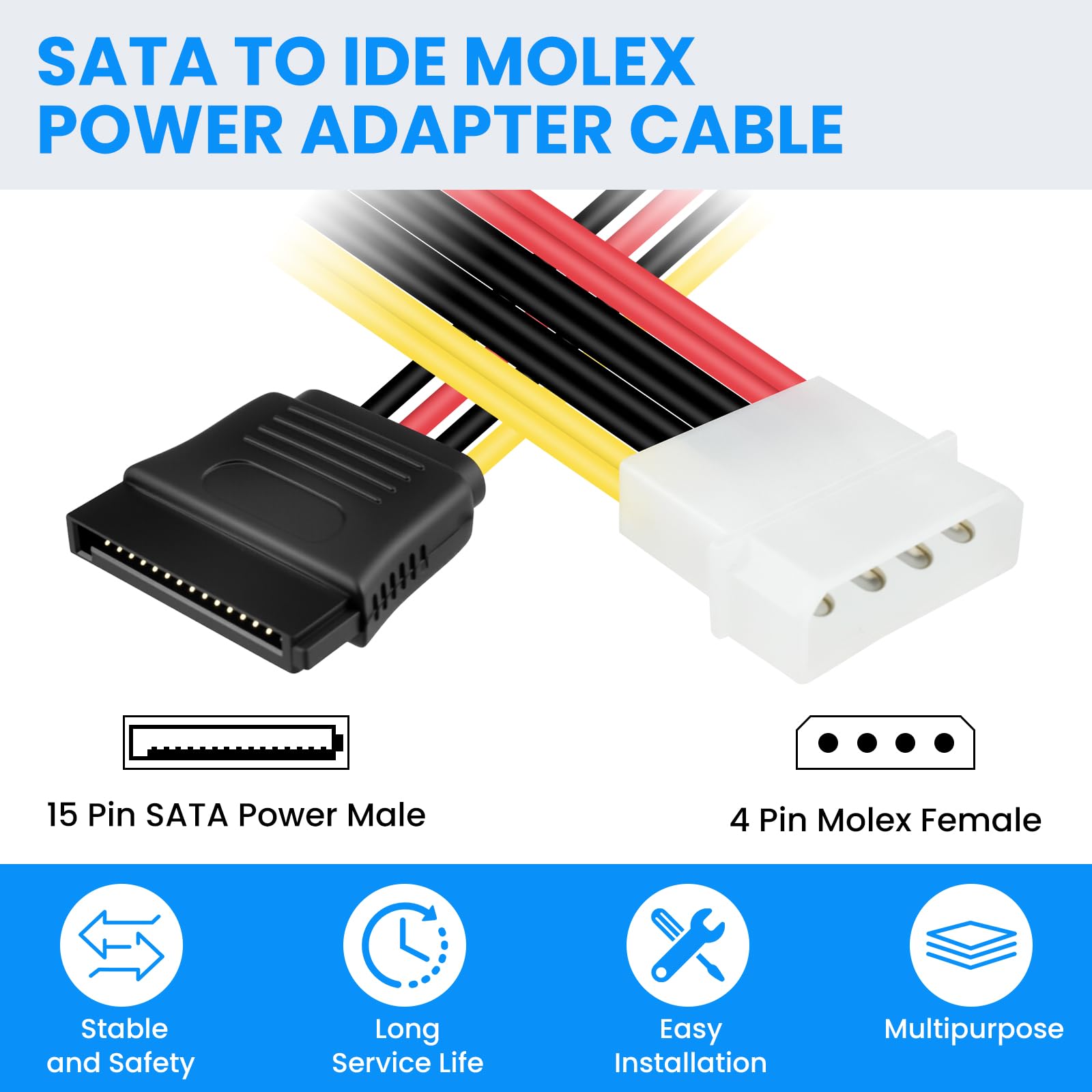 SDTC Tech, cavo adattatore splitter a 4 pin maschio IDE Molex a 15 pin femmina Dual SATA, 18 AWG, in rame, cavo di prolunga per hard disk Serial ATA (20 cm), confezione da 2