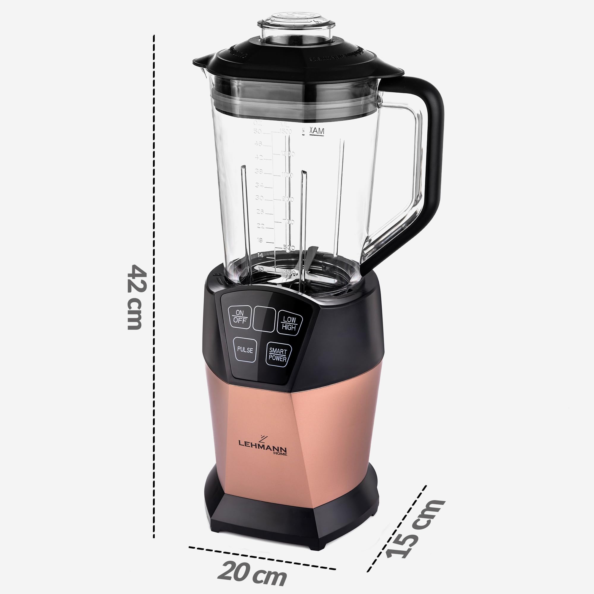 LEHMANN Blender & Smoothie Mixeur 2-en-1 avec Bol 1500 ml et Gobelet Portable 800 ml, 4 Programmes, Lames à 6 Couteaux en Acier Inoxydable, sans BPA, Nettoyage facile, Puissance 1000 W, Or rose