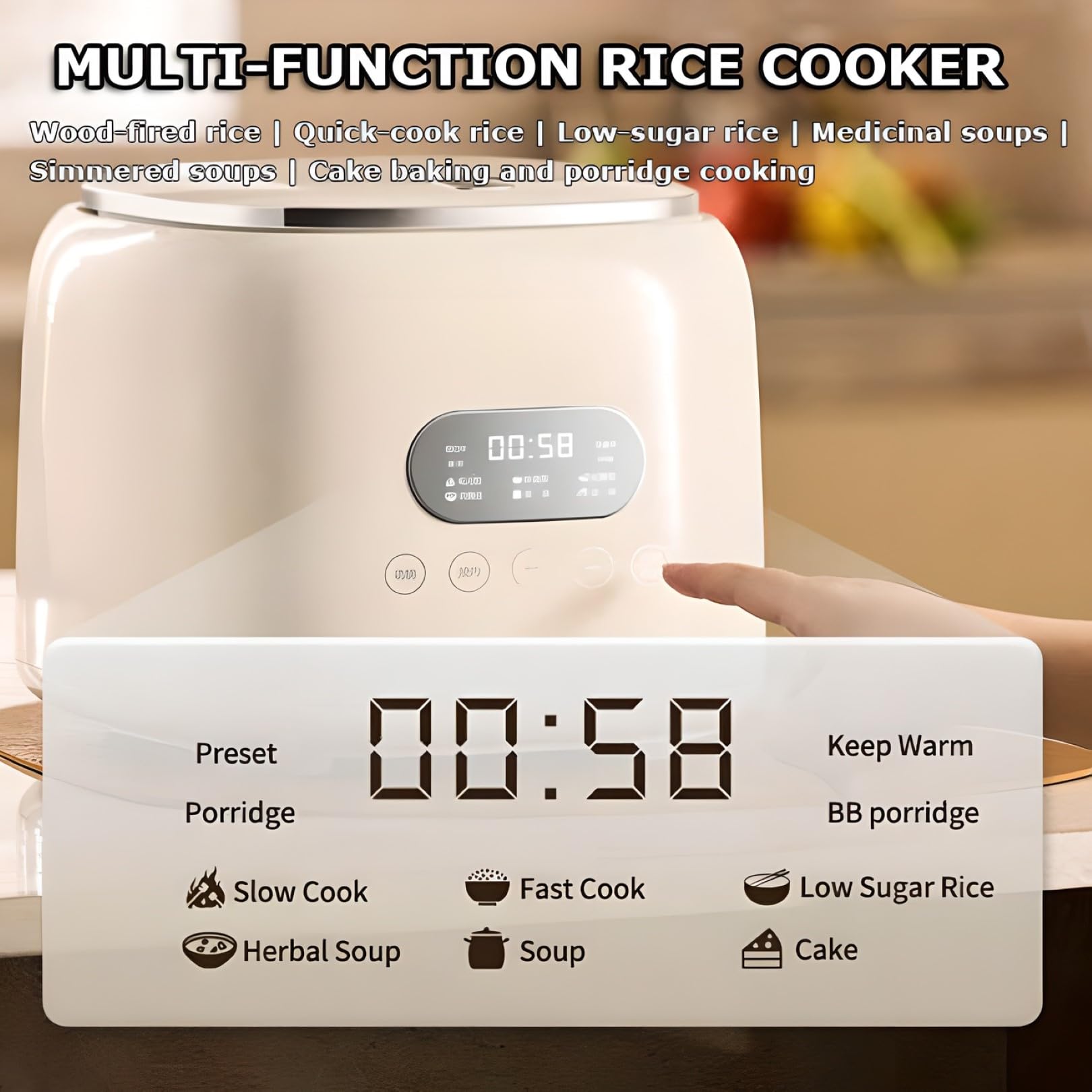 Générique Cuiseur à Riz 2,5 L antiadhésif, Petit modèle avec 8 Fonctions, Maintien au Chaud 24 h et minuterie de départ différé pour céréales, Riz Blanc, Porridge et soupes.