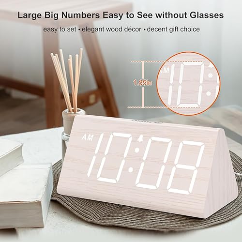 Miniatura 24 de DreamSky Reloj despertador digital de madera para dormitorios, reloj de escritorio eléctrico con números grandes, puerto USB, alarma fuerte
