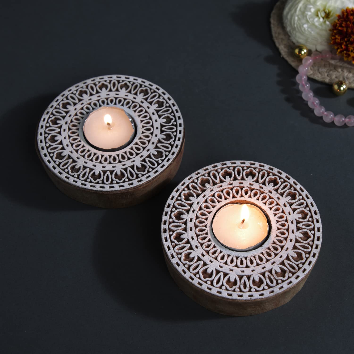 CraftVatika Wooden Round Tea Light Candle Holder Stand for Diwali Home Decoration Item Wooden Round Shaped Block Mandala Stamp Printing Candle Tlight Set of 2-image-40