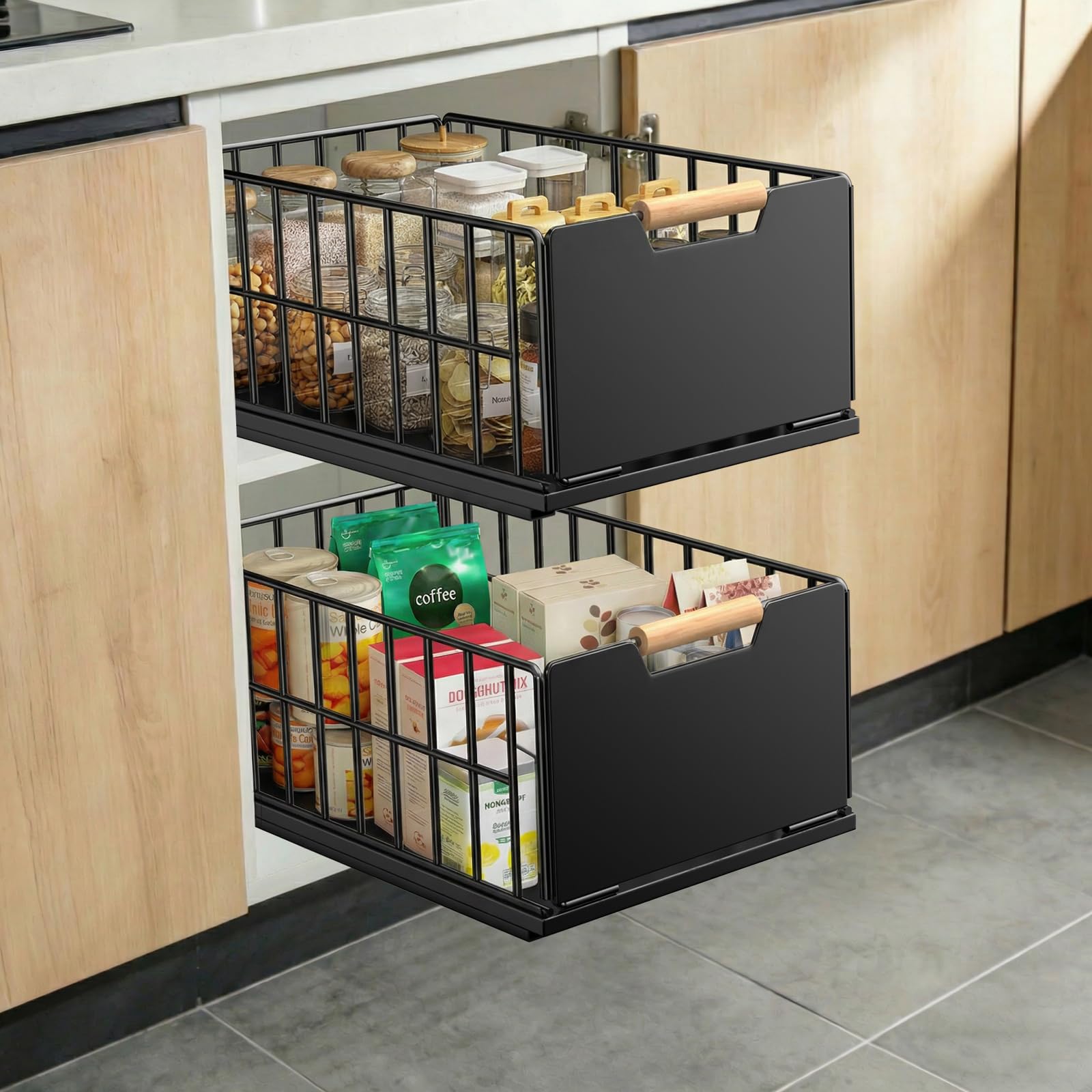 2 pièces tiroir coulissant cuisine, Organiseur de tiroirs profonds avec glissières de tiroir et poignée en bois, Télescopique à tirer en métal pour armoires de cuisine Organiseur - 40x25×18CM