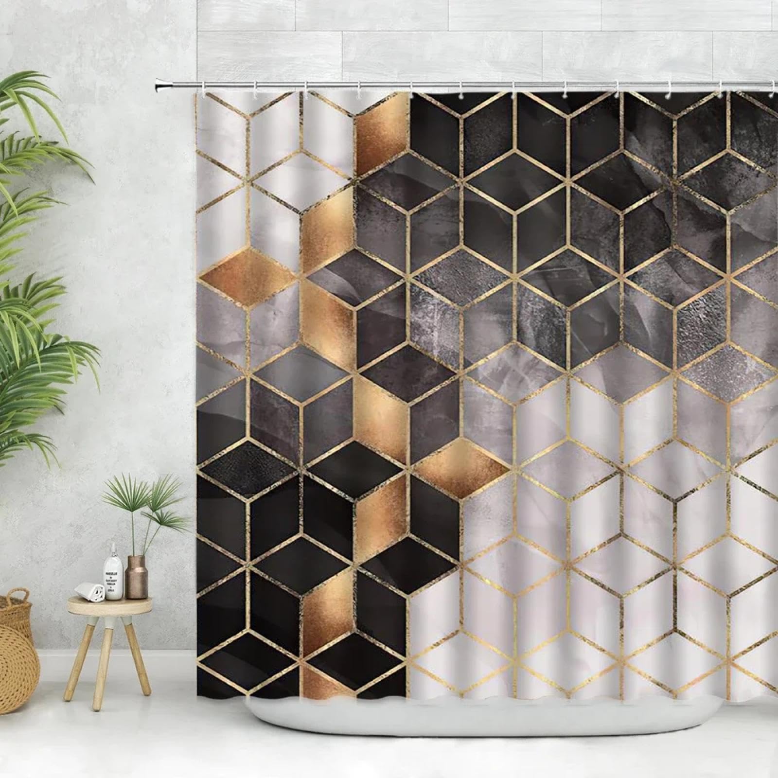Marmor-Duschvorhang, modern, Schwarz, Weiß, Grau, geometrischer Gitterdruck, Heimdekoration, Badezimmer, Polyester-Stoff, Vorhänge mit Haken, 200 x 180 cm
