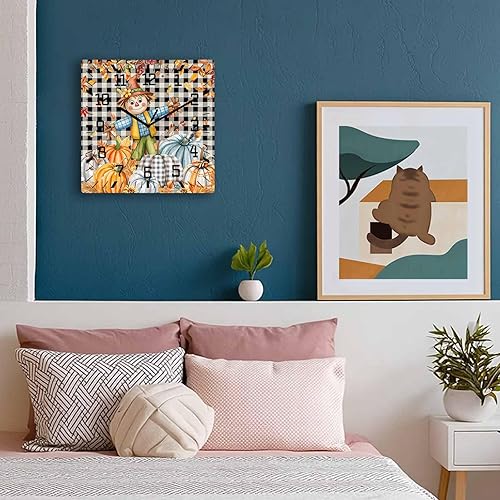 Miniatura 3 de Fall Scarecrow Wooden Wall Clock Silent Non Ticking, Thanksgiving Pumpkin Black Checkered Square Wall Clock Battery Operated, Decor Clock for Home