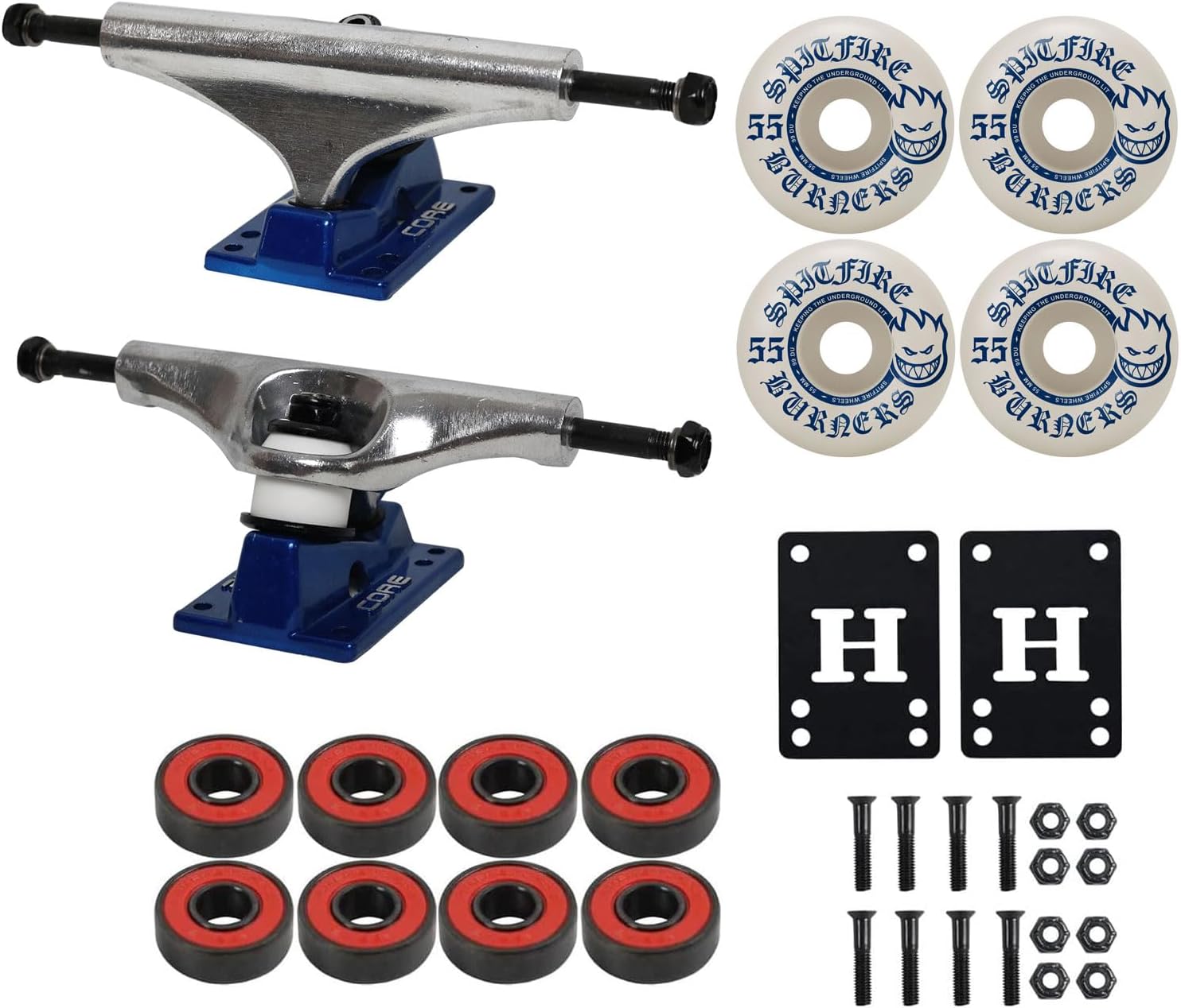 Core Hollow Lightweight Skateboard Trucks + 55mm Spitfire Burners Wheels, ABEC 5 Bearings, Hardware (Package to Complete a Skateboard Deck)