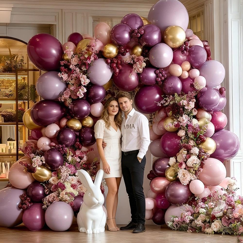 Dunkelviolette und rosa Luftballon-Girlande, doppelt gefüllt, Altrosa, Burgunderrot, Gold, Ballonbogen-Set für Geburtstag, Brautparty, Hochzeit, Valentinstag, Party-Dekorationen