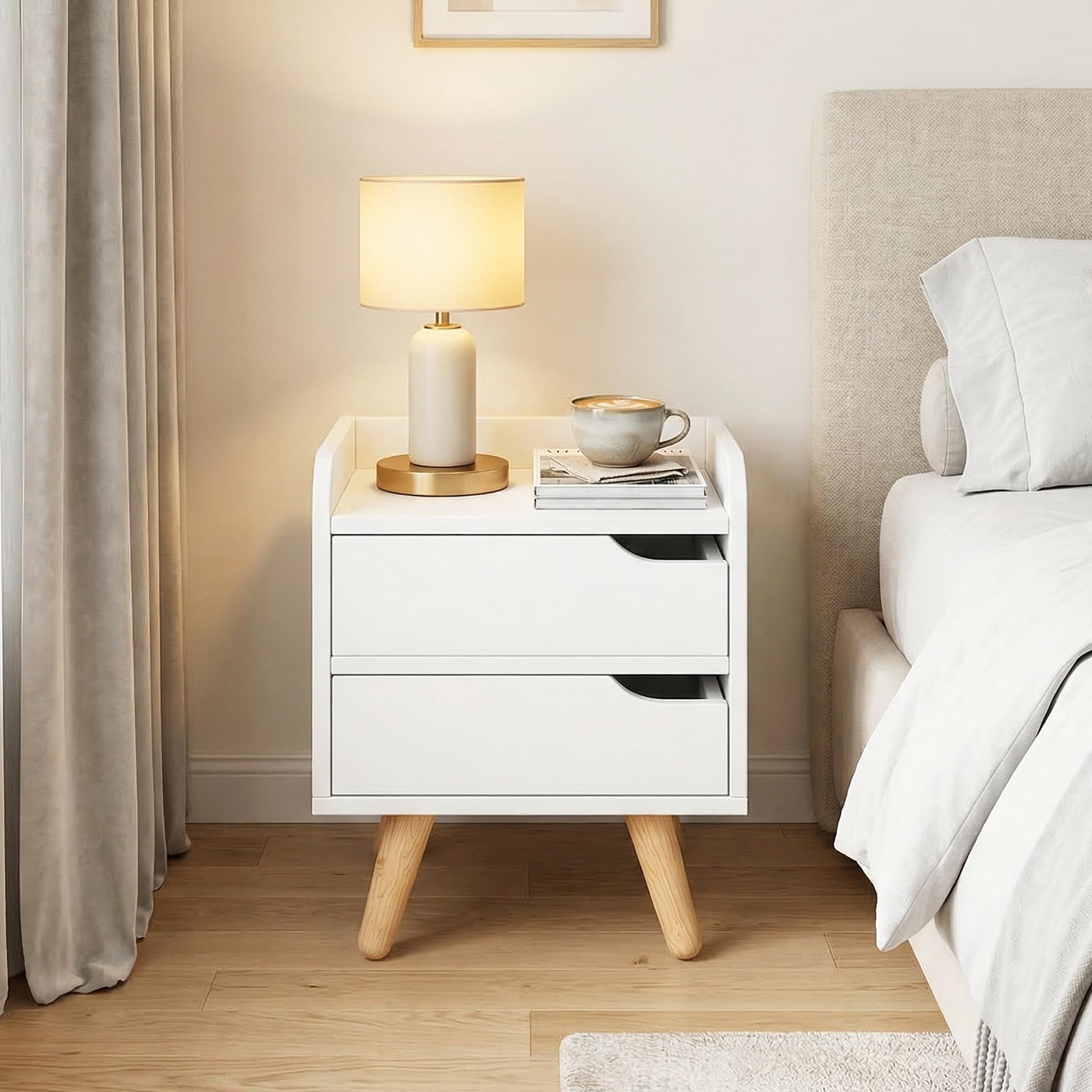 HOMCOM Mesa de Noche Multiusos Mesita Auxiliar para Sala de Estar o Dormitorio con 2 Cajones Espaciosos Patas Elevadas de Pino Diseño Moderno 33x28x42 cm Blanco