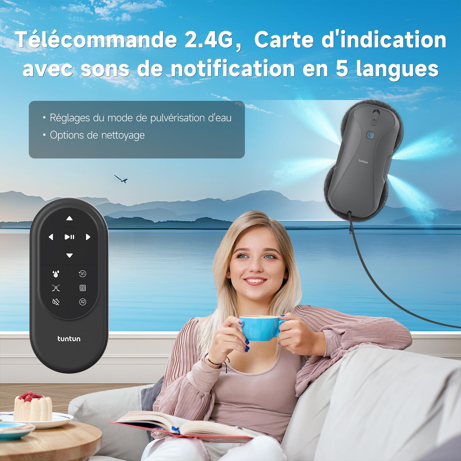 tuntun W12pro Robot Laveur de vitre,Pulvérisation Double 4 Directions,Robot Nettoyeur vitre,5300 Pa,Conception compacte,Navigation Intelligente,Adapté aux Surfaces Lisses,avec boîte de Rangement