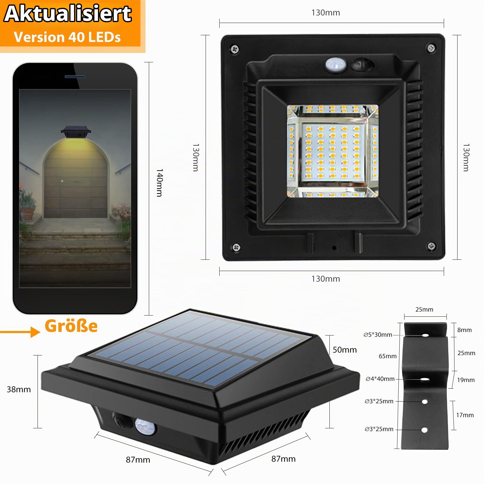 Dachrinne Solarleuchte mit Bewegungsmelder 40 LEDs Solarlampen für Außen | Schwarz Gartenbeleuchtung Warmweißes Solarlicht, 3W PIR Sicherheitswandleuchte Außenlampe für Garage